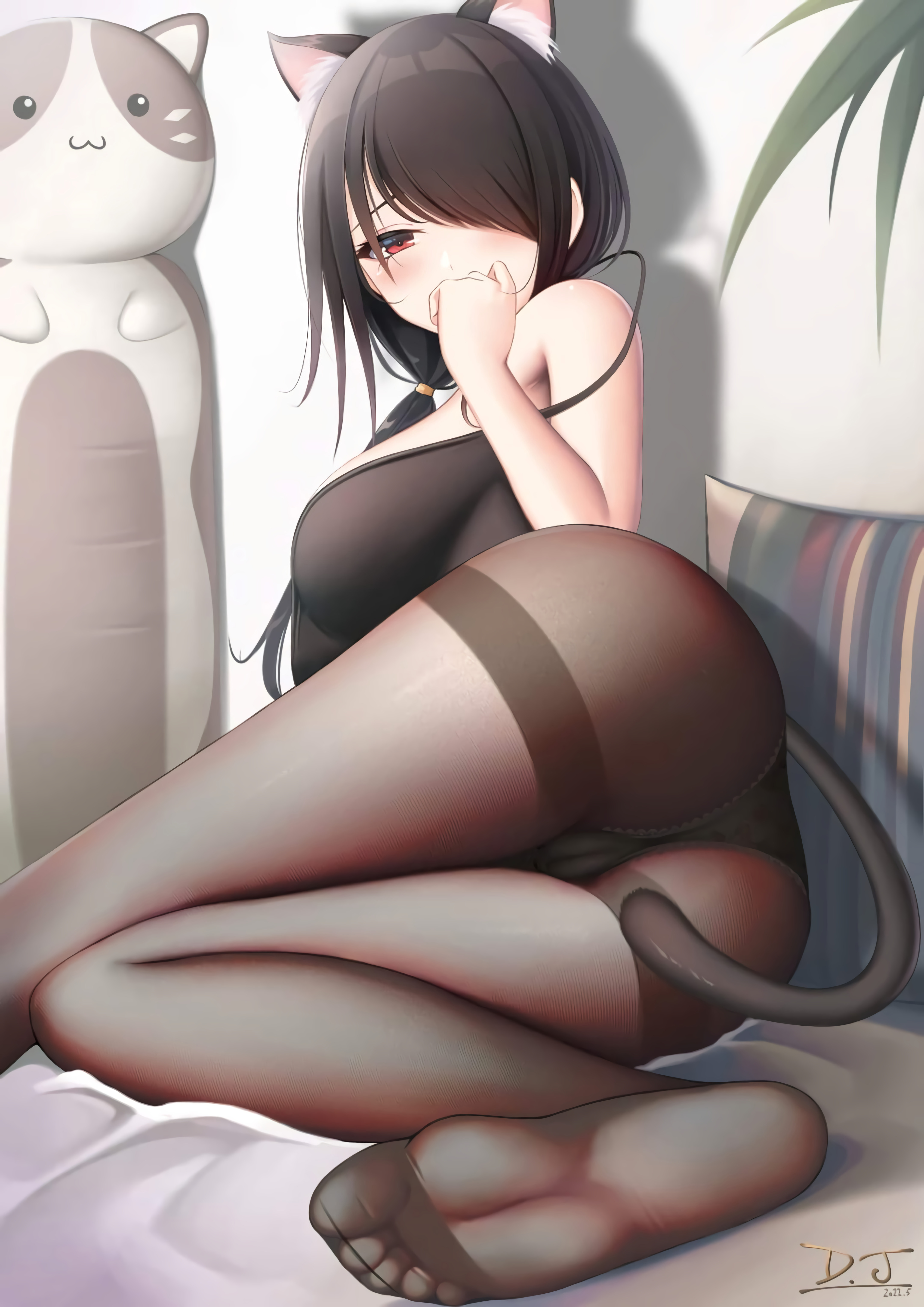 Anime 4320x6108 anime girls Date A Live Tokisaki Kurumi anime cat girl cat ears hair over one eye red eyes black hair foot sole cats feet cat tail pantyhose portrait display signature 2022 (year) looking at viewer toes covering mouth leaves off shoulder blushing