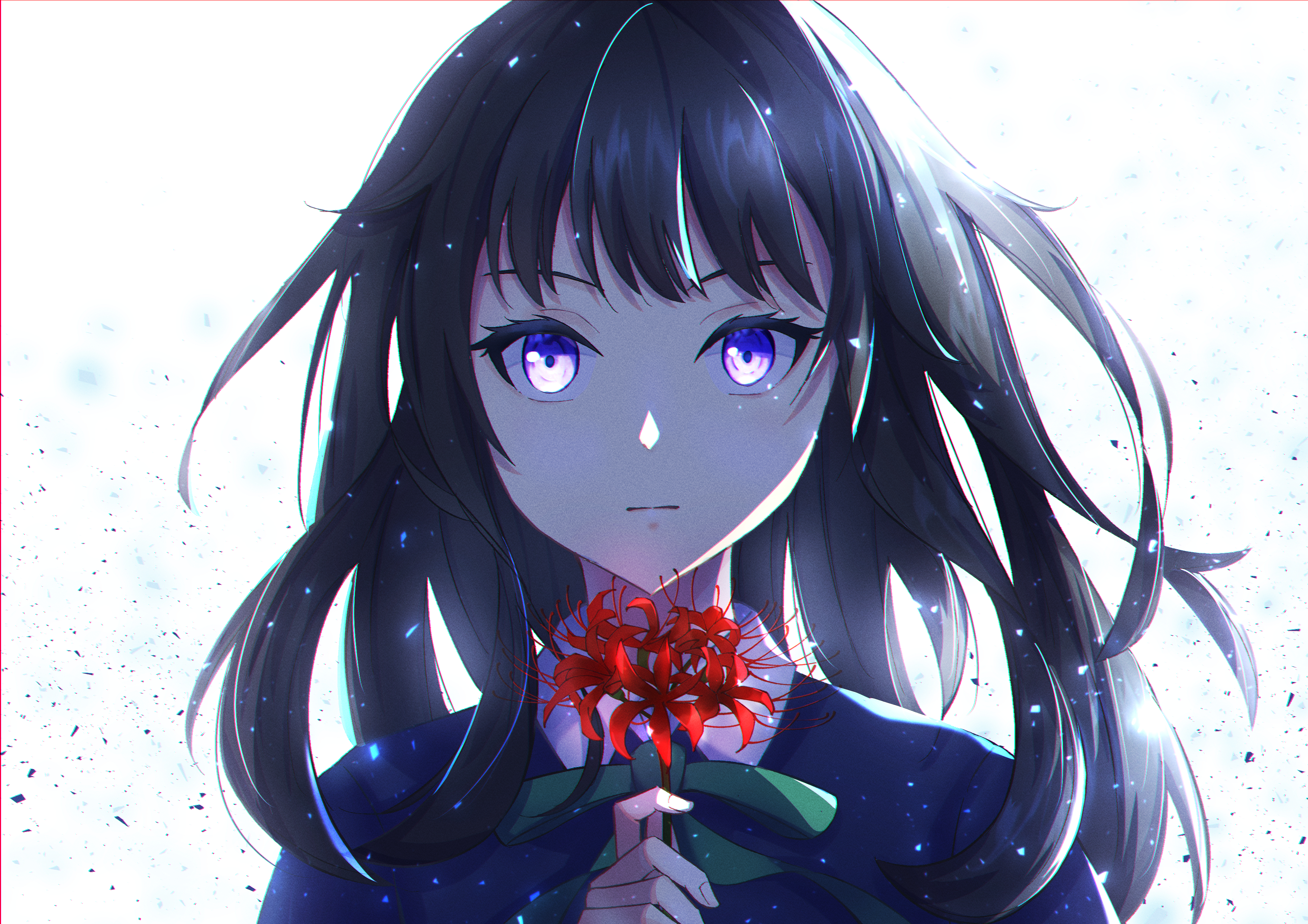 Anime 3508x2480 anime anime girls Lycoris Recoil Inoue Takina long hair black hair solo artwork digital art fan art flowers
