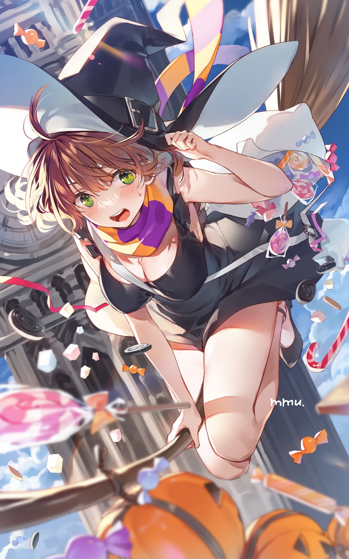 Anime 1124x1800 anime anime girls witch hat Halloween candy witch's broom cleavage big boobs sweets lollipop portrait display short hair brunette green eyes looking at viewer bent legs mmu (artist) signature