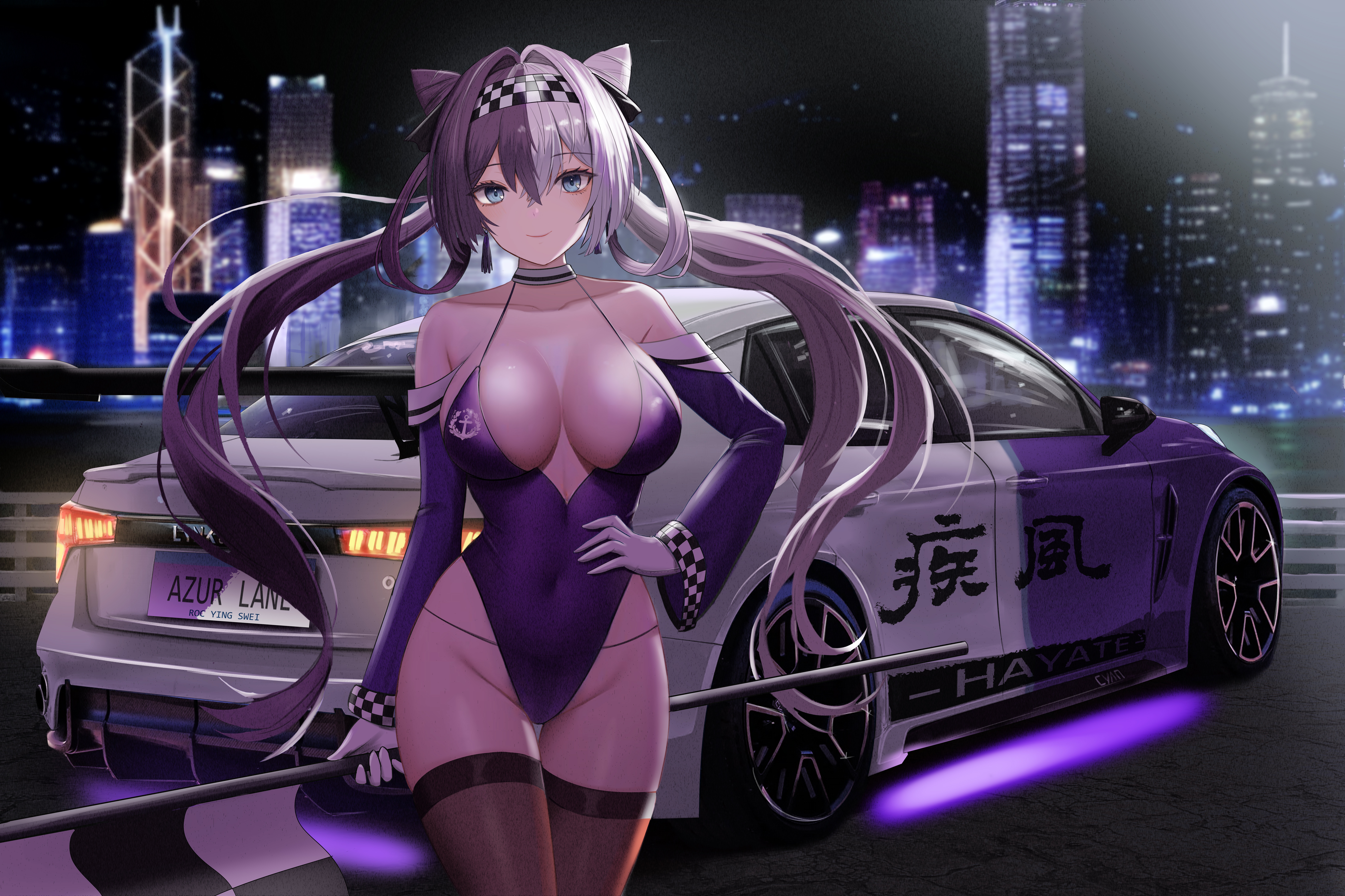 Anime 9000x6000 Race Queen Outfit Azur Lane car Japanese stockings big boobs anime girls twintails race flag thighs blue eyes Japanese cars leotard