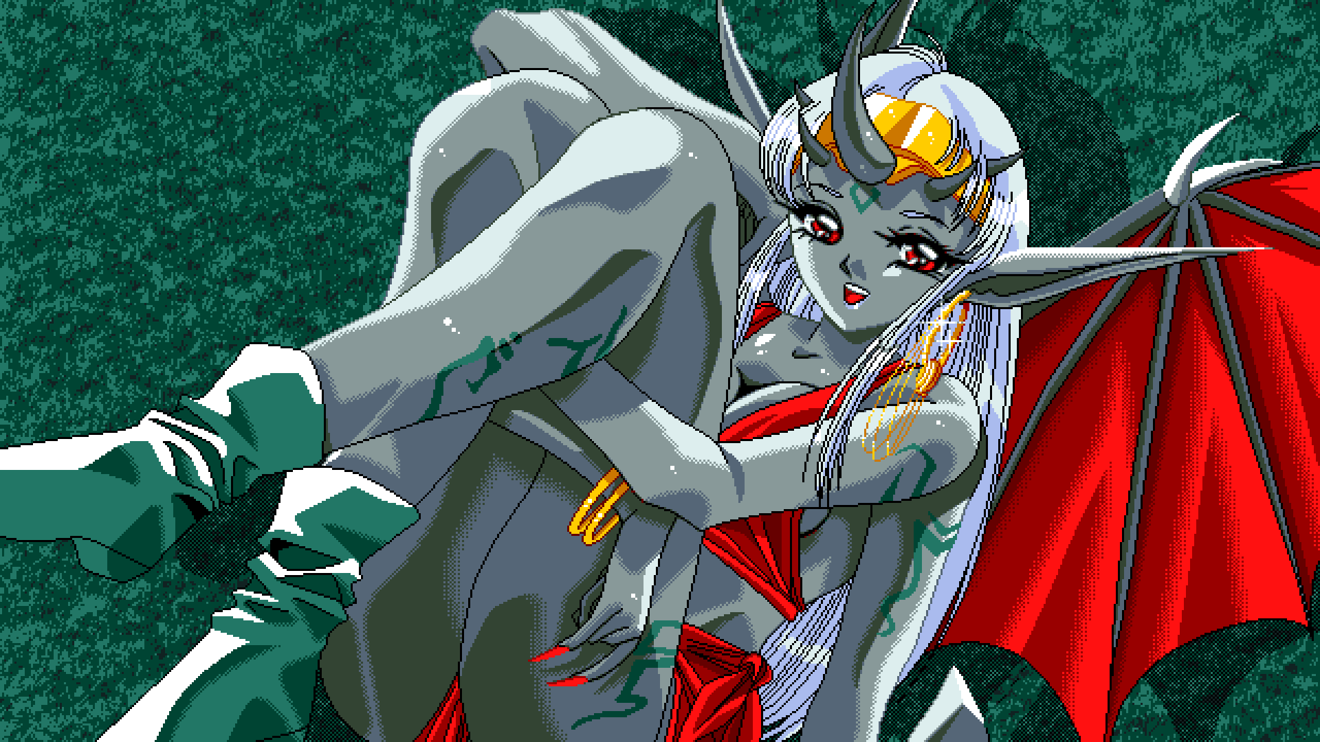 Anime 1920x1080 pixel art PC-98 anime girls Game CG demon girls bat wings horns pointy ears long nails