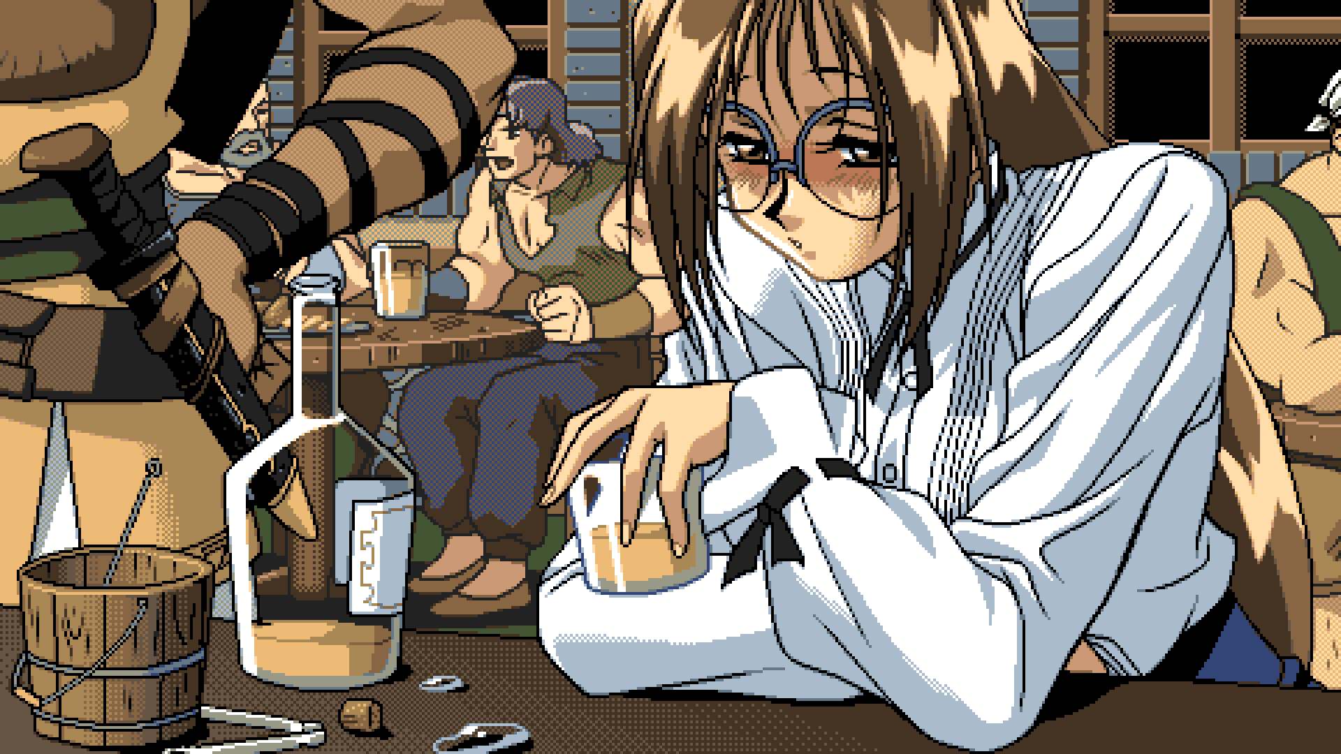 Anime 1920x1080 PC-98 Game CG pixel art anime girls anime boys beer glasses artwork digital art alcohol drinking bar