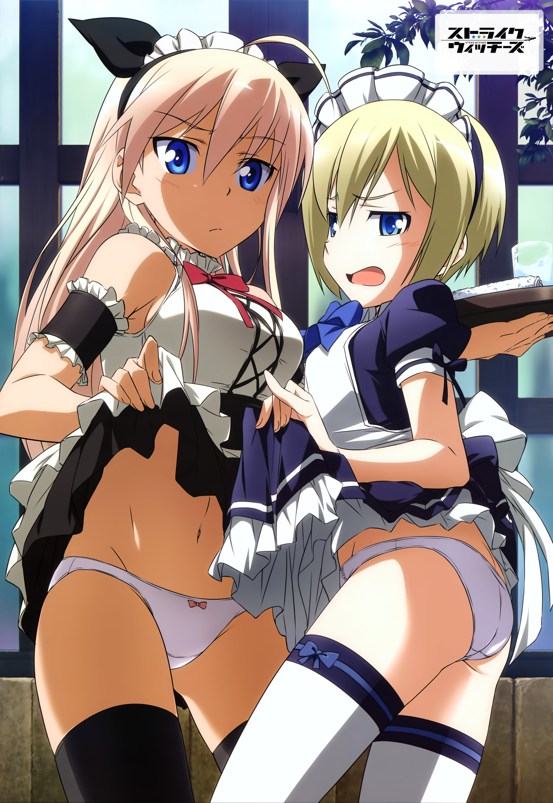 Anime 1762x2560 anime anime girls Strike Witches Erica Hartmann Hanna-Justina Marseille panties white panties ass boobs looking at viewer maid outfit lifting skirt thighs black stockings blonde long hair short hair belly button blushing blue eyes