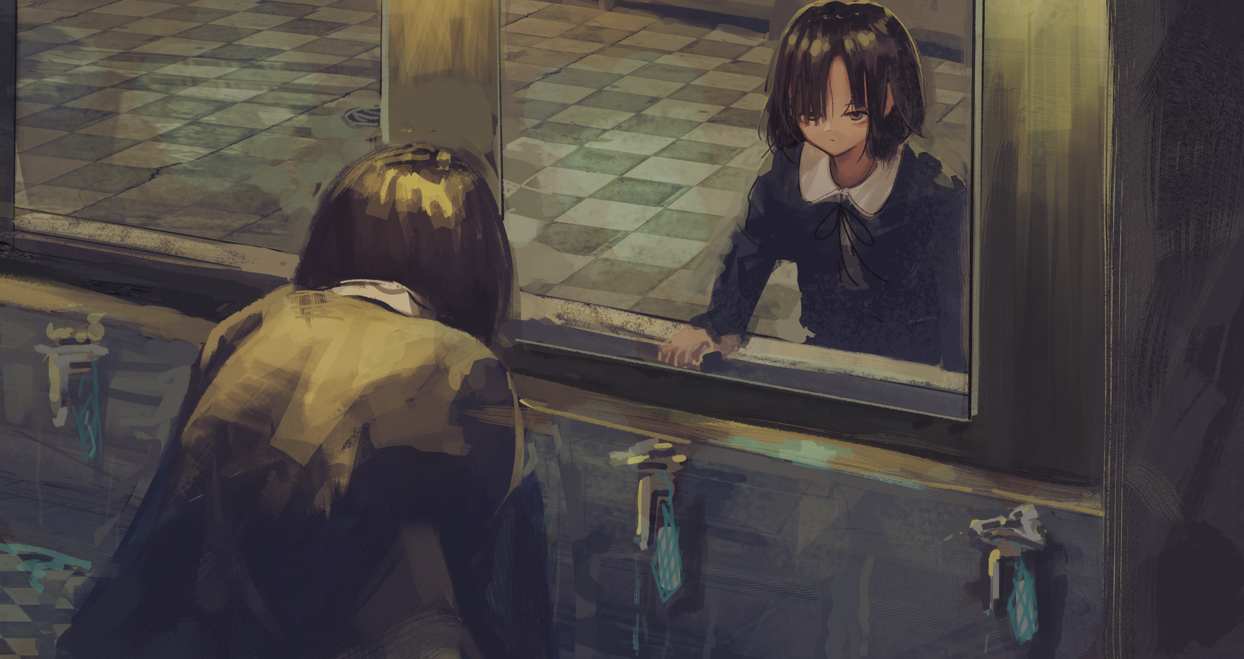 Anime 4093x2168 anime anime girls sad mirror restroom sink