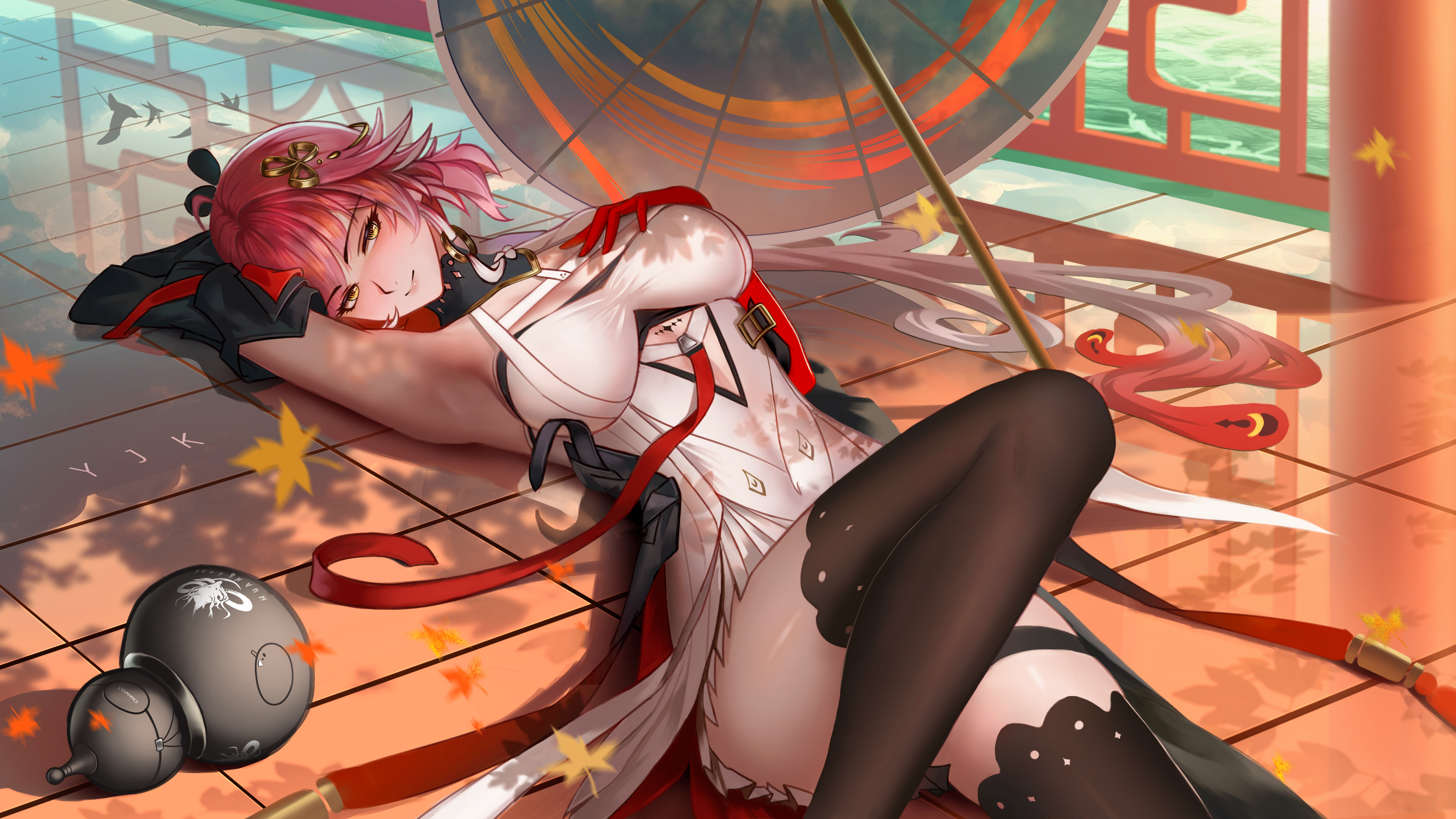 Anime 6849x3853 Wuthering Waves armpits Changli (Wuthering Waves) lying on back umbrella lying down yellow eyes hair ornament leaves closed mouth smiling hand(s) on chest dress YJK-Psycho thigh-highs black thigh highs thighs boobs detached sleeves long hair maple leaves