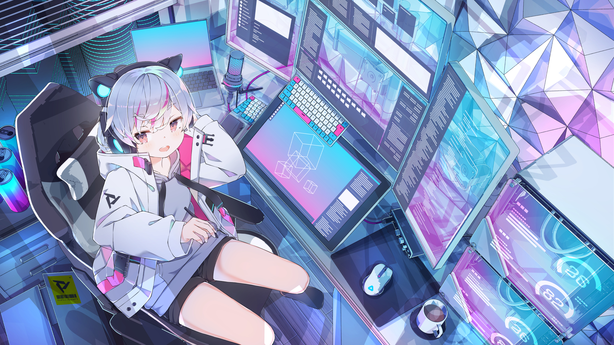 Anime 2400x1350 anime anime girls sitting headphones computer drawing cube mouse pad two tone hair chair coffee cup microphone laptop looking at viewer E-girl computer mice high angle