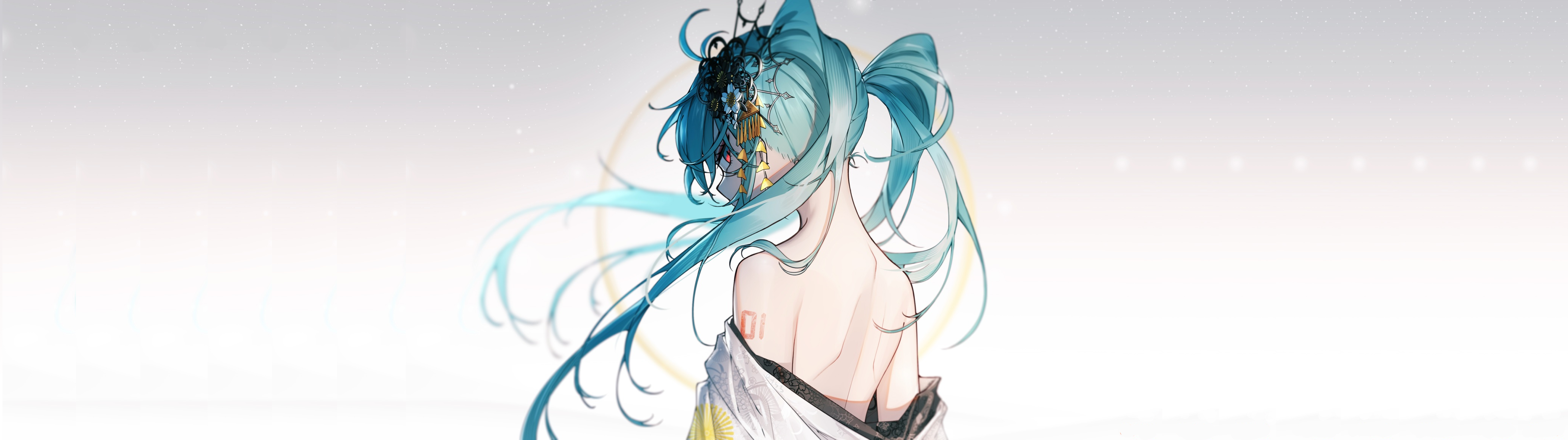 Anime 5120x1440 women Hatsune Miku Vocaloid bareback anime girls looking back looking at viewer twintails blue hair minimalism simple background white background