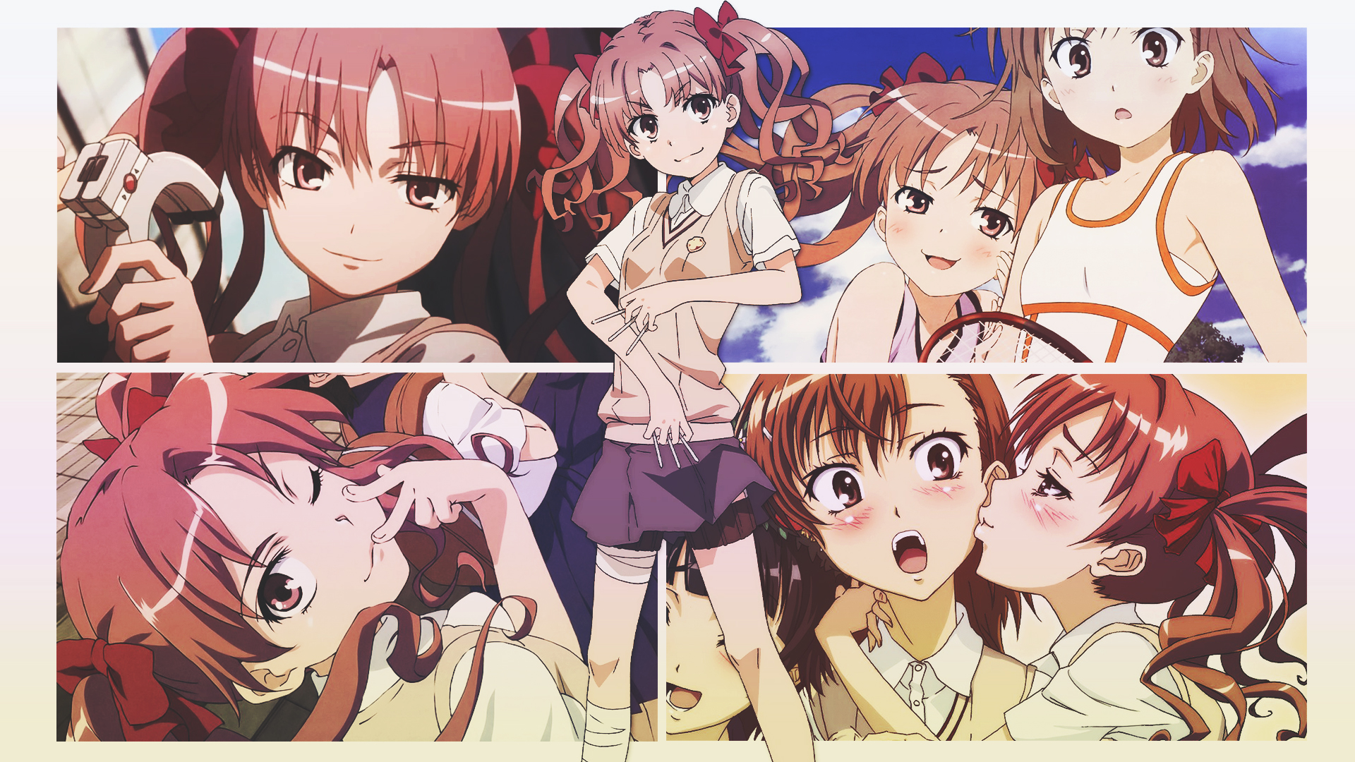 Anime 1920x1080 anime collage DinocoZero anime girls To Aru Kagaku no Railgun To aru Majutsu no Index Shirai Kuroko smiling Misaka Mikoto Uiharu Kazari uniform standing looking at viewer blushing twintails