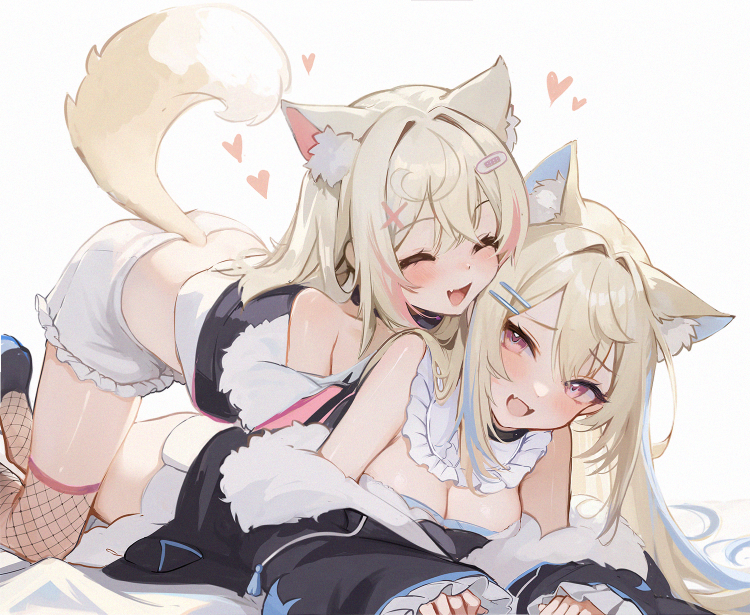Anime 1500x1230 anime anime girls cleavage cat girl cat ears cat tail closed eyes long hair lying on front lying down fishnet two tone hair heart open mouth simple background white background minimalism FUWAMOCO Hololive Hololive English Virtual Youtuber koahri Fuwawa Abyssgard Mococo Abyssgard