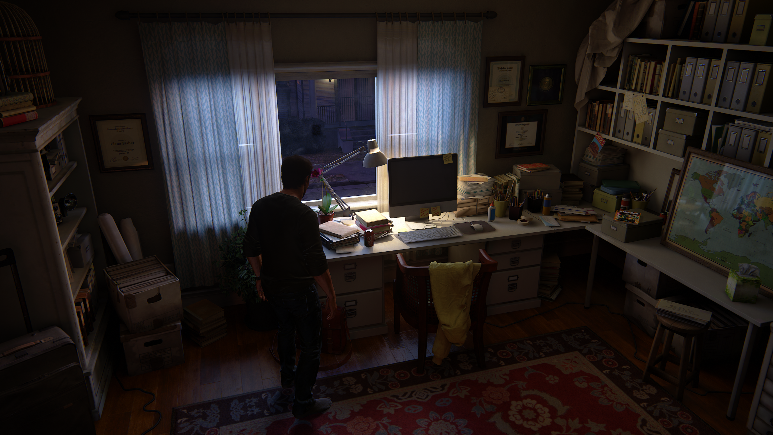 General 2560x1440 Uncharted 4: A Thief's End Naughty Dog uncharted  Madagascar landscape Nathan Drake CGI video games screen shot interior computer window curtains lamp