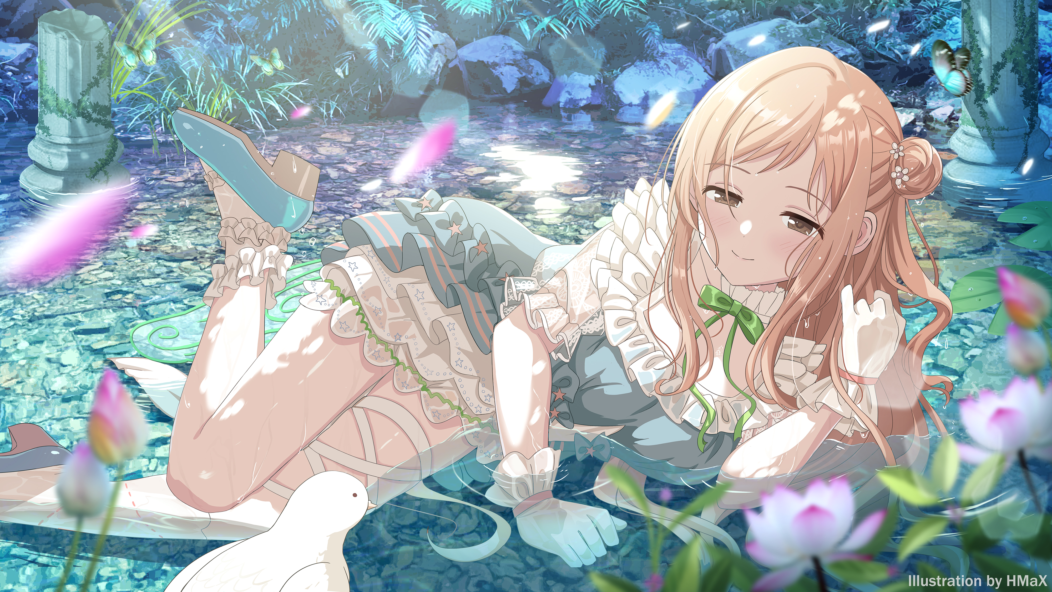 Anime 4000x2254 anime anime girls lying down lying on side bow tie gloves water wet smiling looking at viewer hairbun leaves flowers animals signature butterfly insect sunlight dress water lilies THE iDOLM@STER