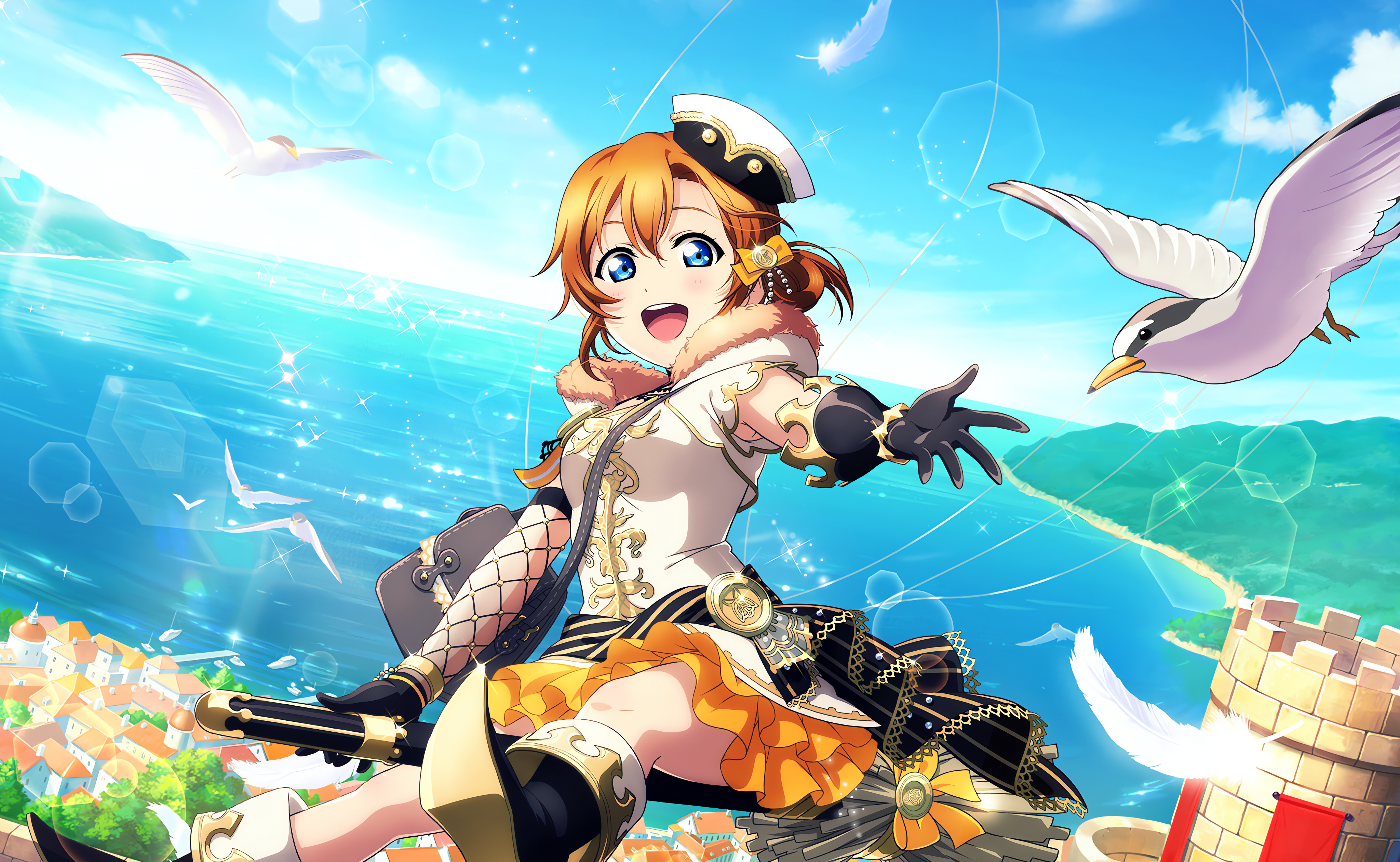 Anime 4096x2520 Kousaka Honoka Love Live! anime anime girls gloves water stars looking at viewer hat birds animals sky clouds feathers sea open mouth bow tie dress