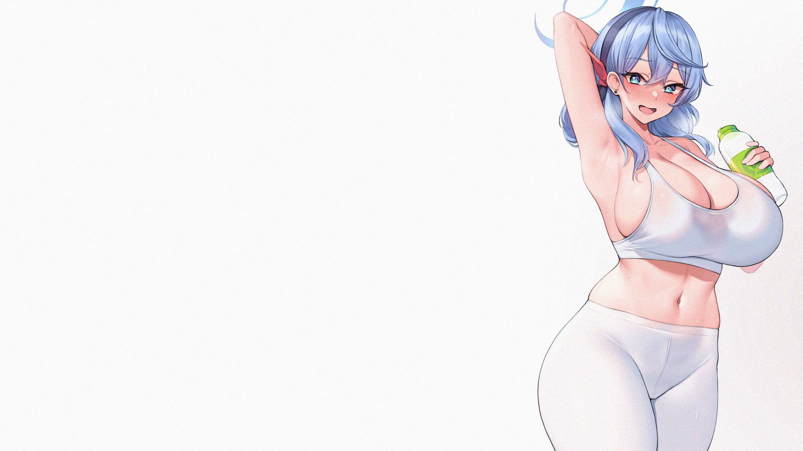 Anime 3256x1832 anime anime girls mature body wide hips thighs ecchi boobs big boobs huge breasts simple background white background armpits minimalism yoga pants drink blushing long hair looking at viewer belly belly button sideboob earring blue hair blue eyes one arm up Blue Archive Amau Ako (Blue Archive)