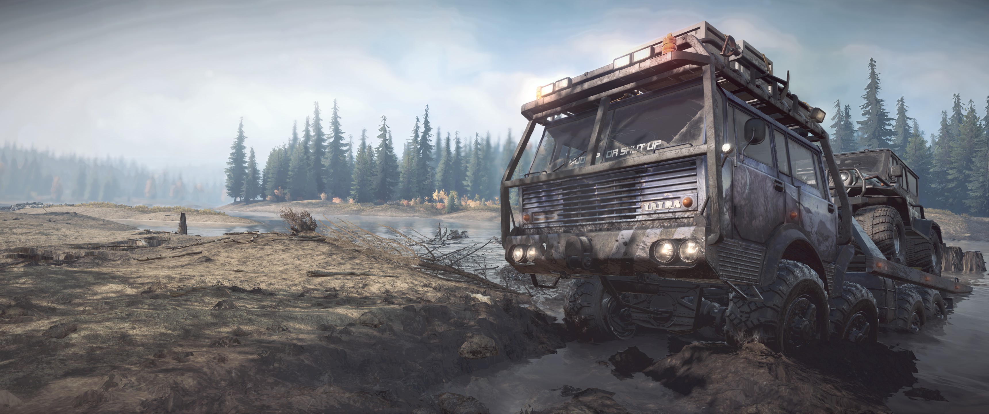General 3440x1440 Snowrunner truck mud Michigan screen shot ultrawide forest river offroad trees video games sky clouds frontal view headlights water