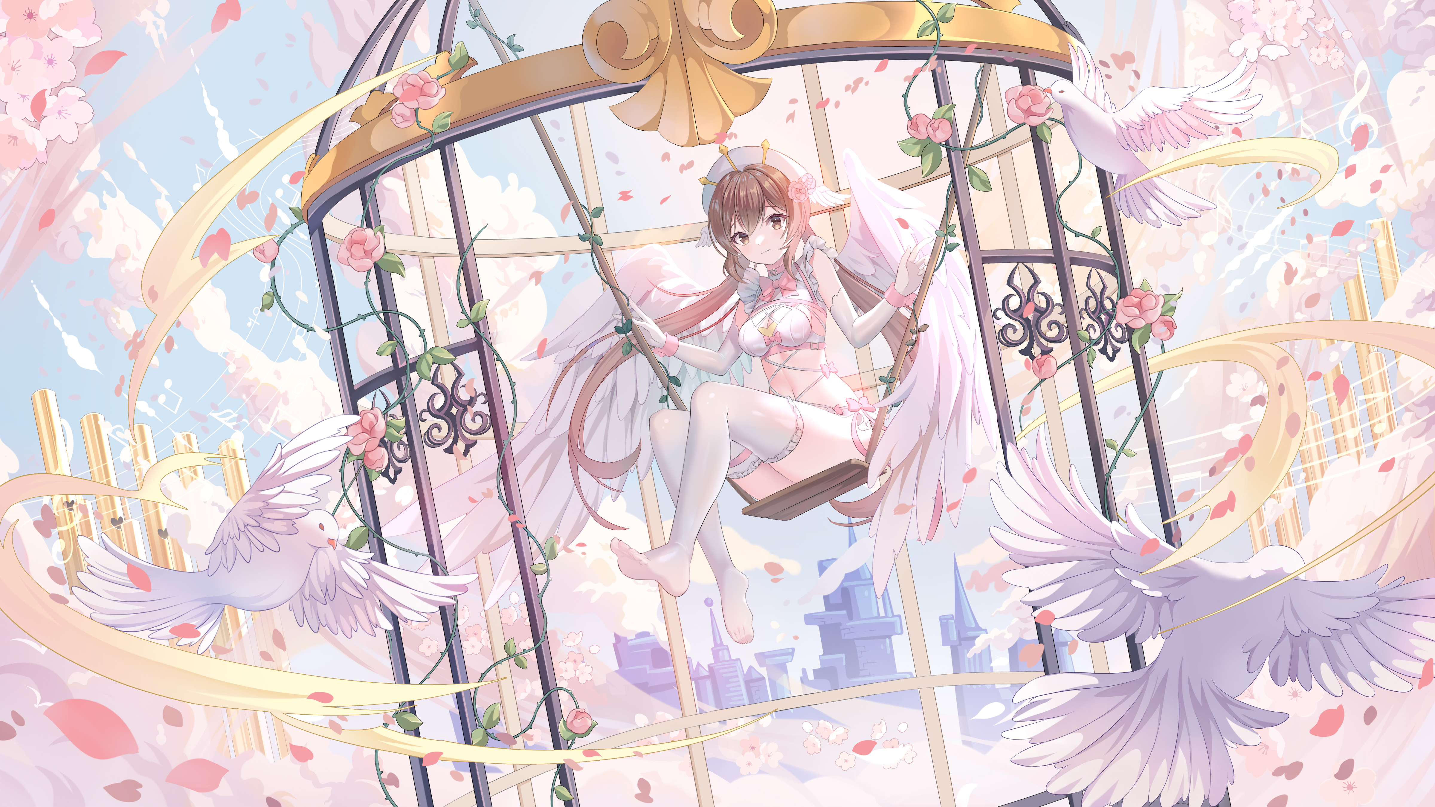 Anime 4800x2700 anime anime girls long hair twintails wings petals sitting swings stockings birds animals flowers leaves looking at viewer cages elbow gloves brunette brown eyes