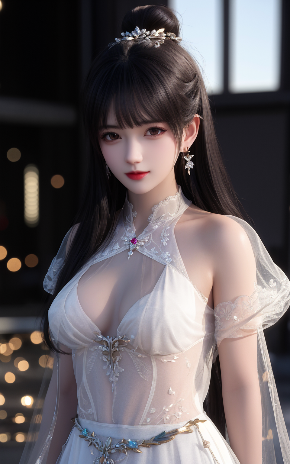 General 960x1536 AI art white lace boobs Asian women portrait display blurred blurry background earring long hair dress standing looking at viewer