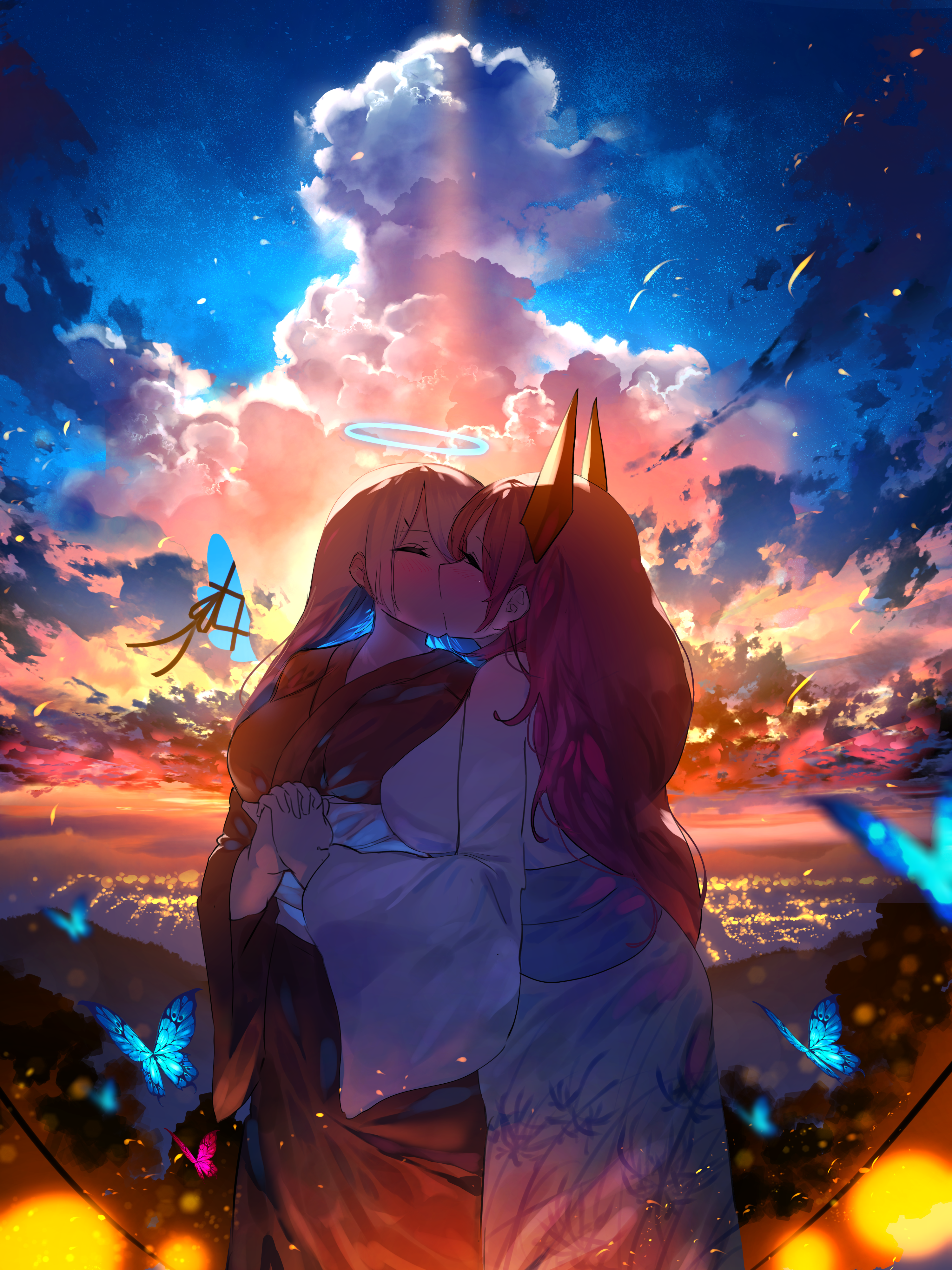 Anime 3000x4000 Pixiv anime girls yuri W (artist) kissing portrait display lesbians closed eyes sky clouds butterfly kimono sunlight long hair holding hands