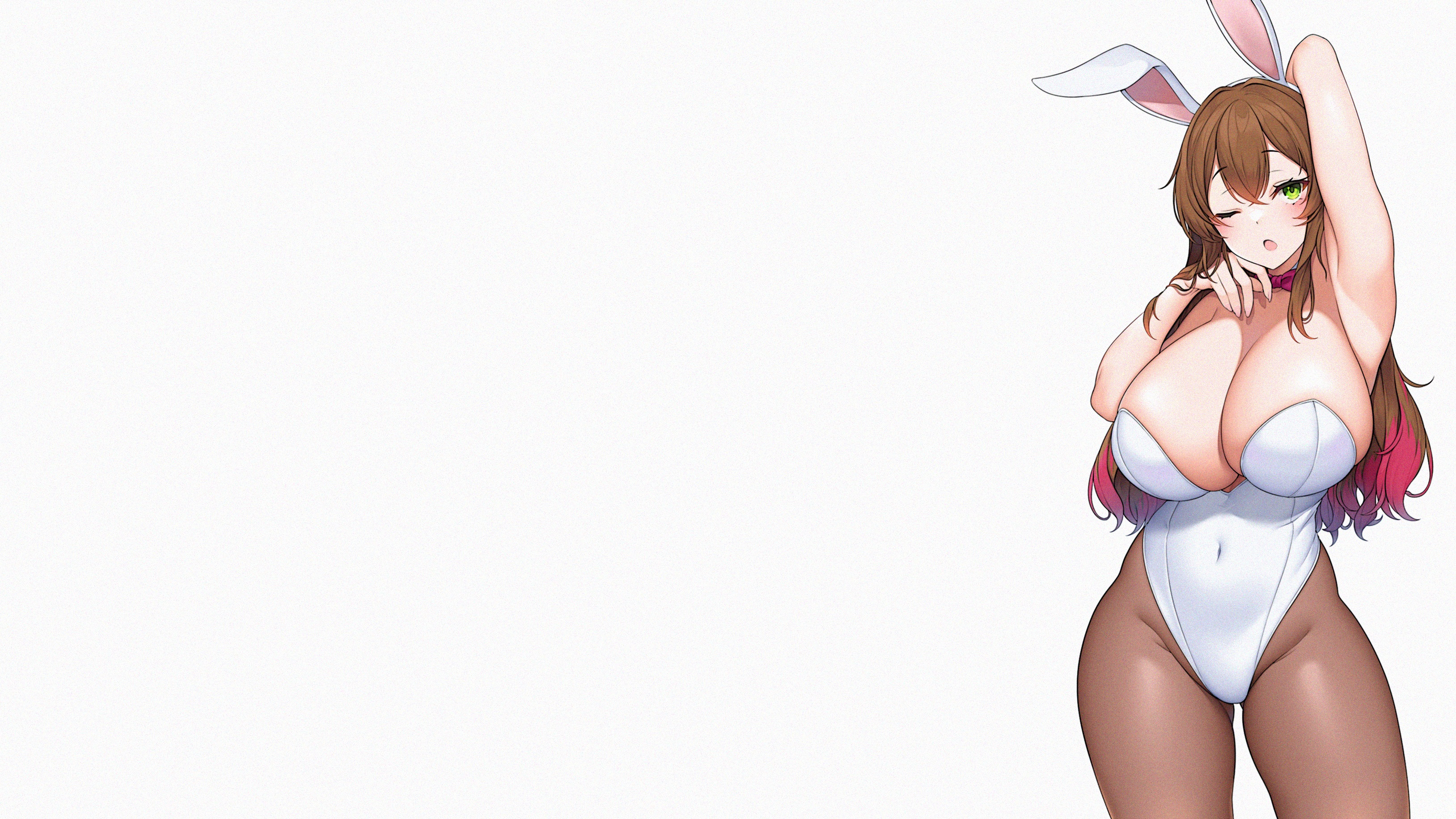 Anime 3256x1832 anime anime girls mature body blushing thighs wide hips ecchi boobs big boobs huge breasts simple background white background minimalism bunny suit bunny ears pantyhose armpits one eye closed long hair gradient hair two tone hair standing looking at viewer bow tie