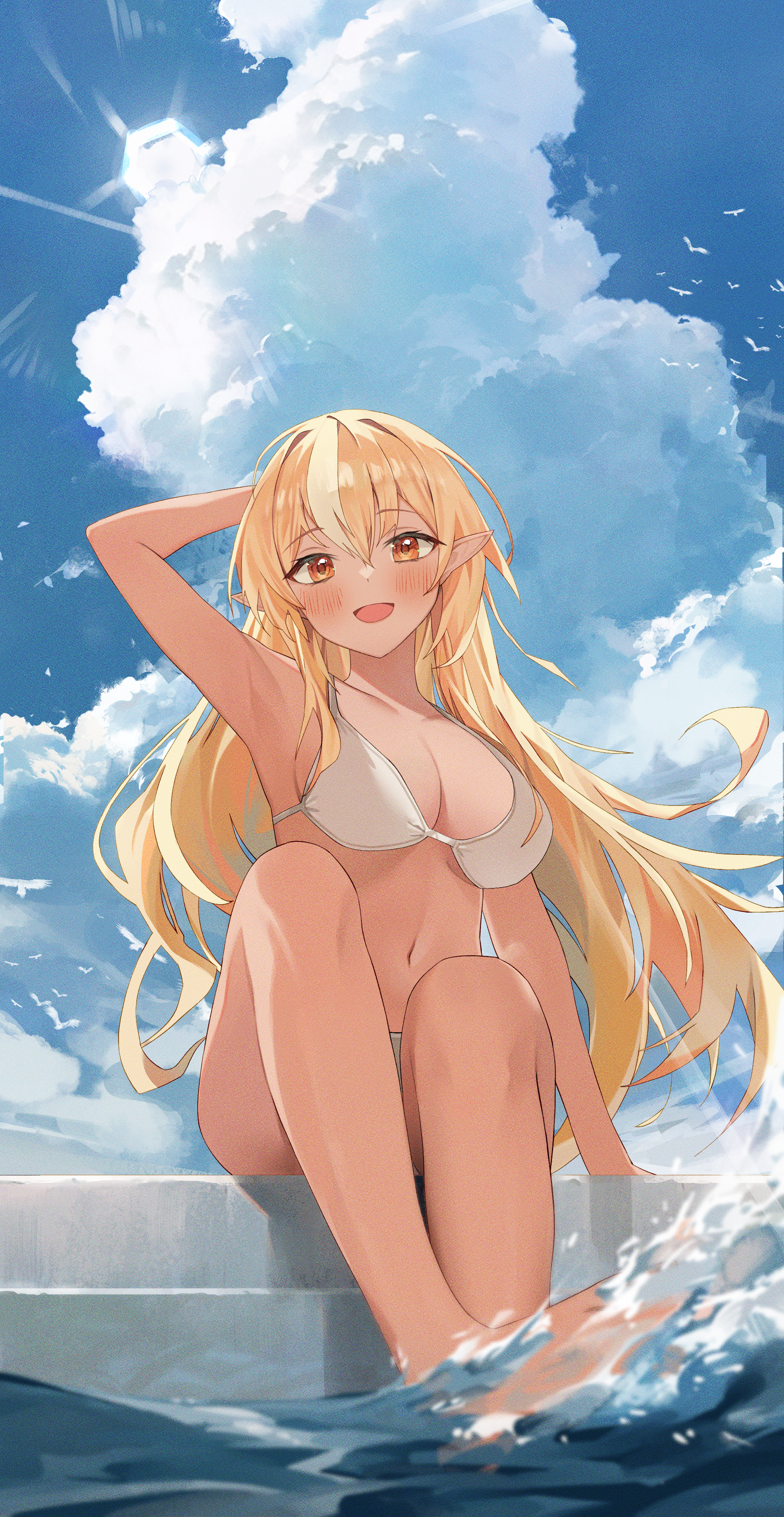 Anime 1943x3755 Hololive Virtual Youtuber anime girls portrait display Shiranui Flare big boobs pointy ears white bikini looking at viewer blushing one arm up two tone hair orange eyes open mouth armpits white swimsuit cleavage women outdoors smiling sky water sitting clouds stairs nel dcm shore legs