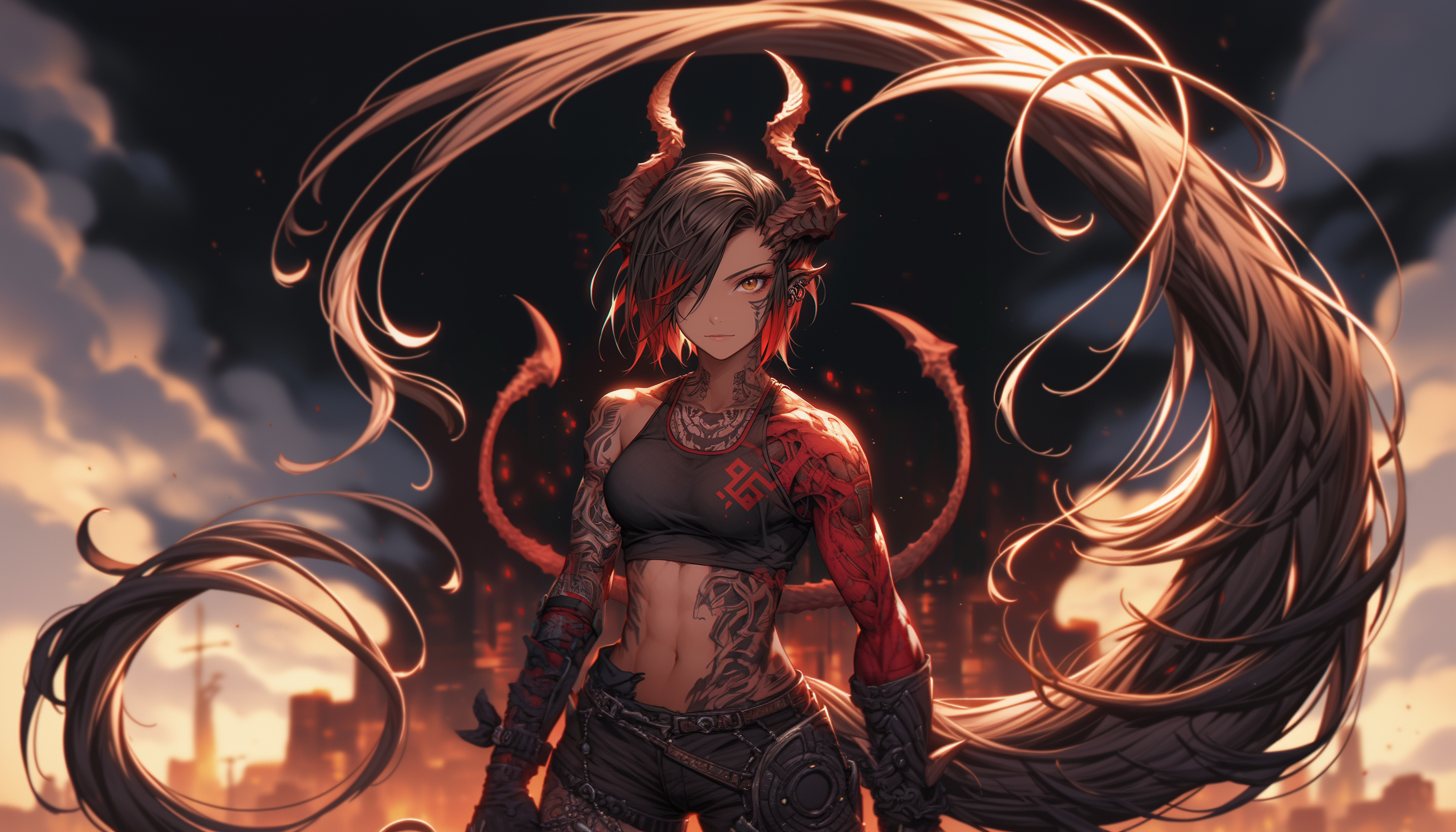 Anime 1456x832 AI art horns devil anime girls digital art hair over one eye standing looking at viewer tattoo earring pointy ears clouds short hair sky