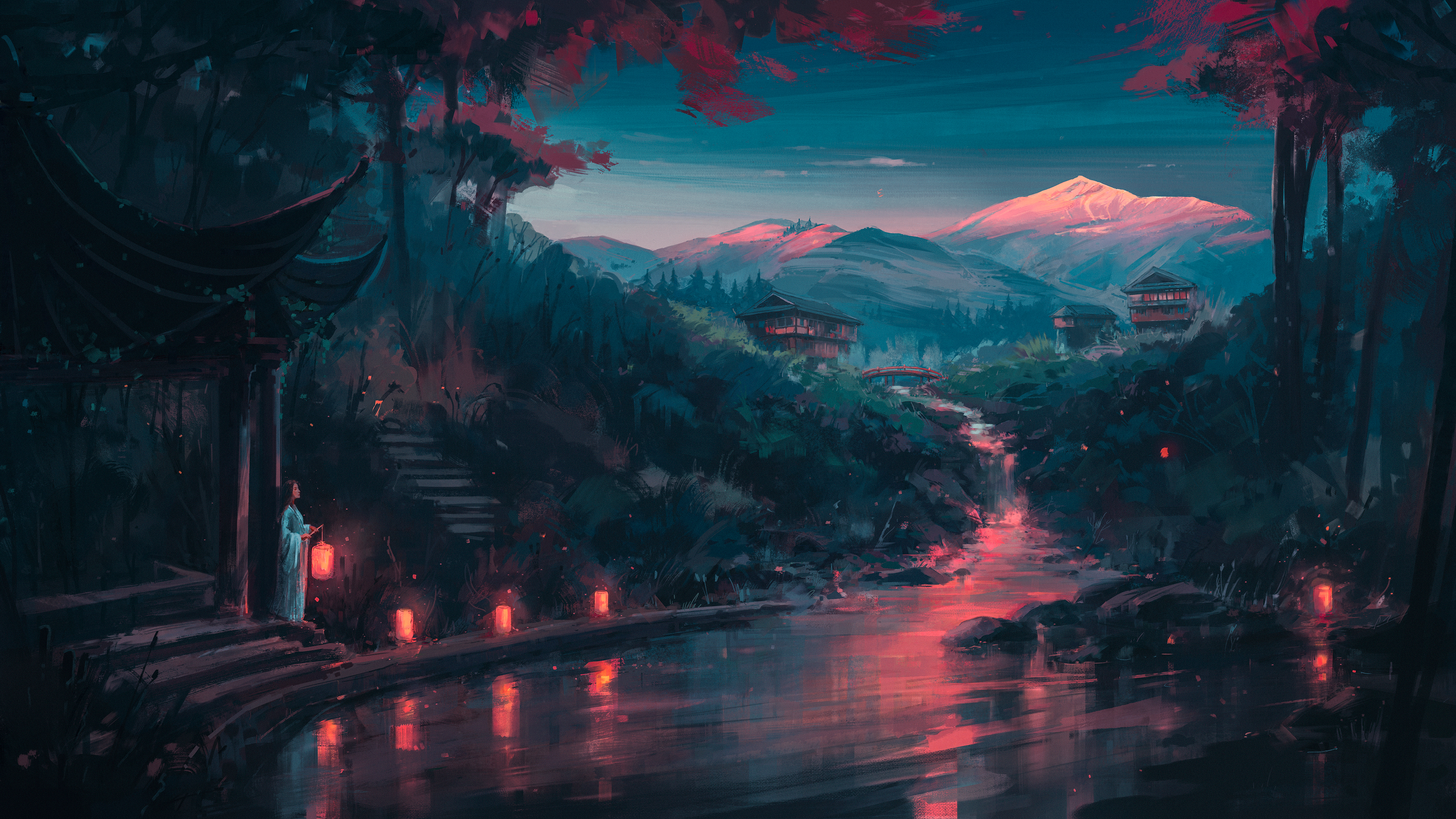 General 3840x2160 Aenami digital art artwork illustration painting landscape nature mountains reflection forest trees torii bridge water lantern