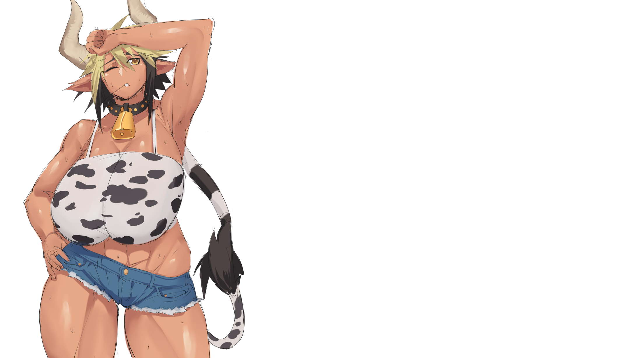 Anime 2182x1228 simple background minimalism stormcow huge breasts big boobs wide hips 6-pack horns tail cowbell sweat country girls anime girls pointy ears one eye closed armpits hands on hips sweaty body bells cow girl Cow tail collar two tone hair dark skin