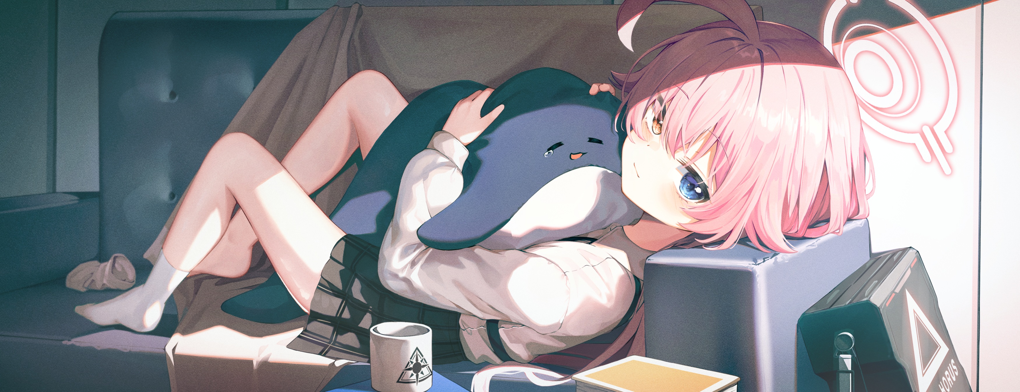 Anime 3500x1346 anime anime girls Blue Archive blushing heterochromia pink hair Takanashi Hoshino (Blue Archive) lying down lying on back cup couch looking at viewer