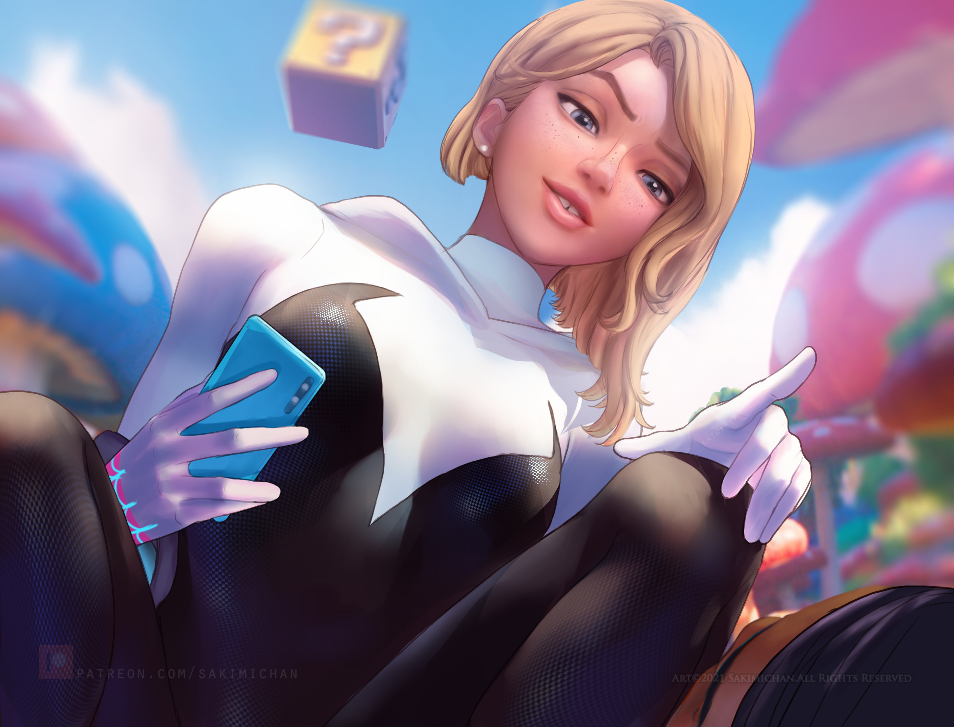 General 3279x2500 Gwen Stacy Spider Gwen Spider-Man: Across the Spider-Verse fictional character blonde artwork drawing fan art Sakimichan squatting mushroom blurred blurry background watermarked cube ear piercing freckles Miles Morales phone parted lips digital art