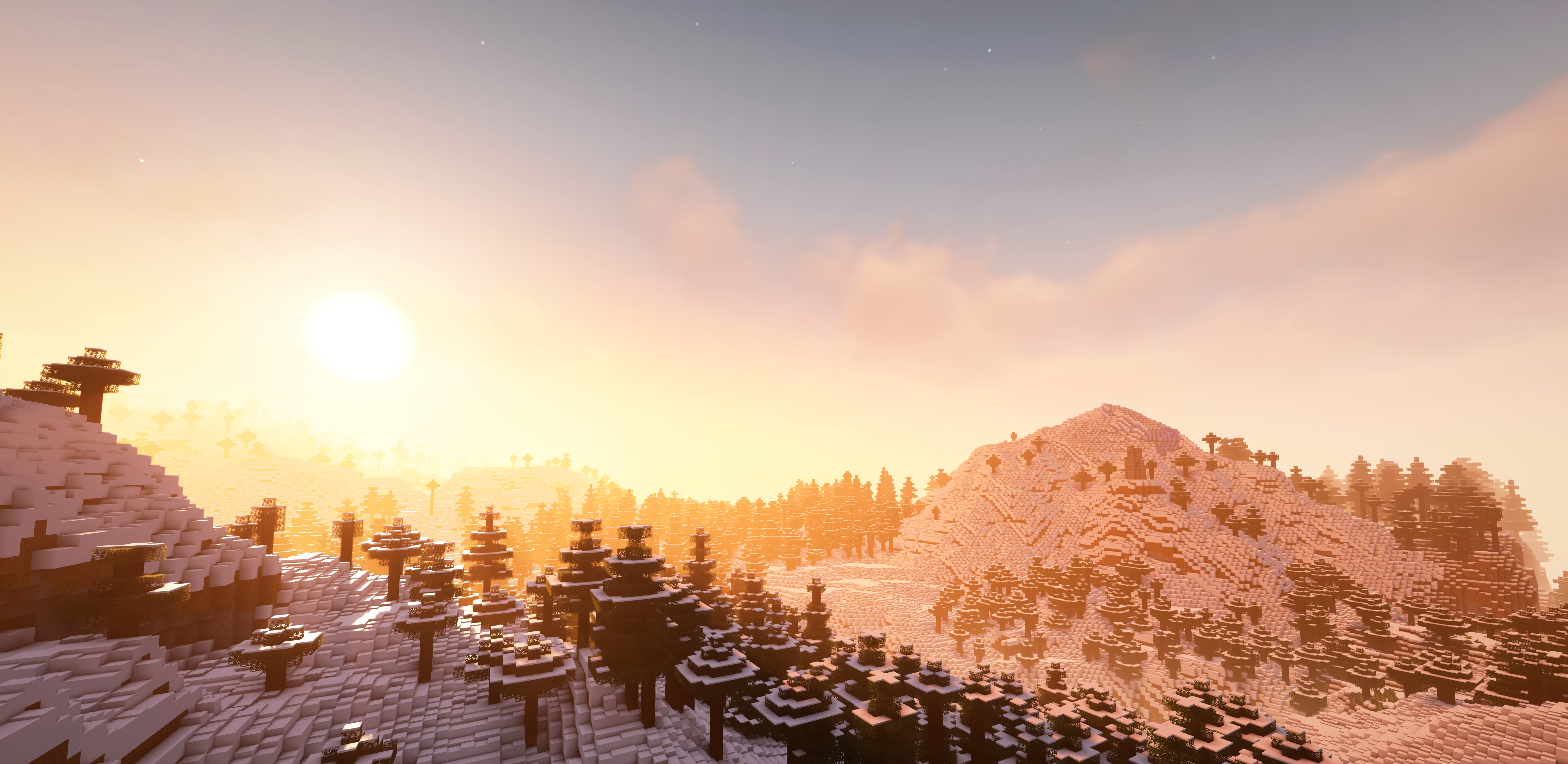 General 5120x2495 landscape Minecraft forest dusk Sun sunset sunset glow sunlight video games CGI cube trees snow video game art sky clouds