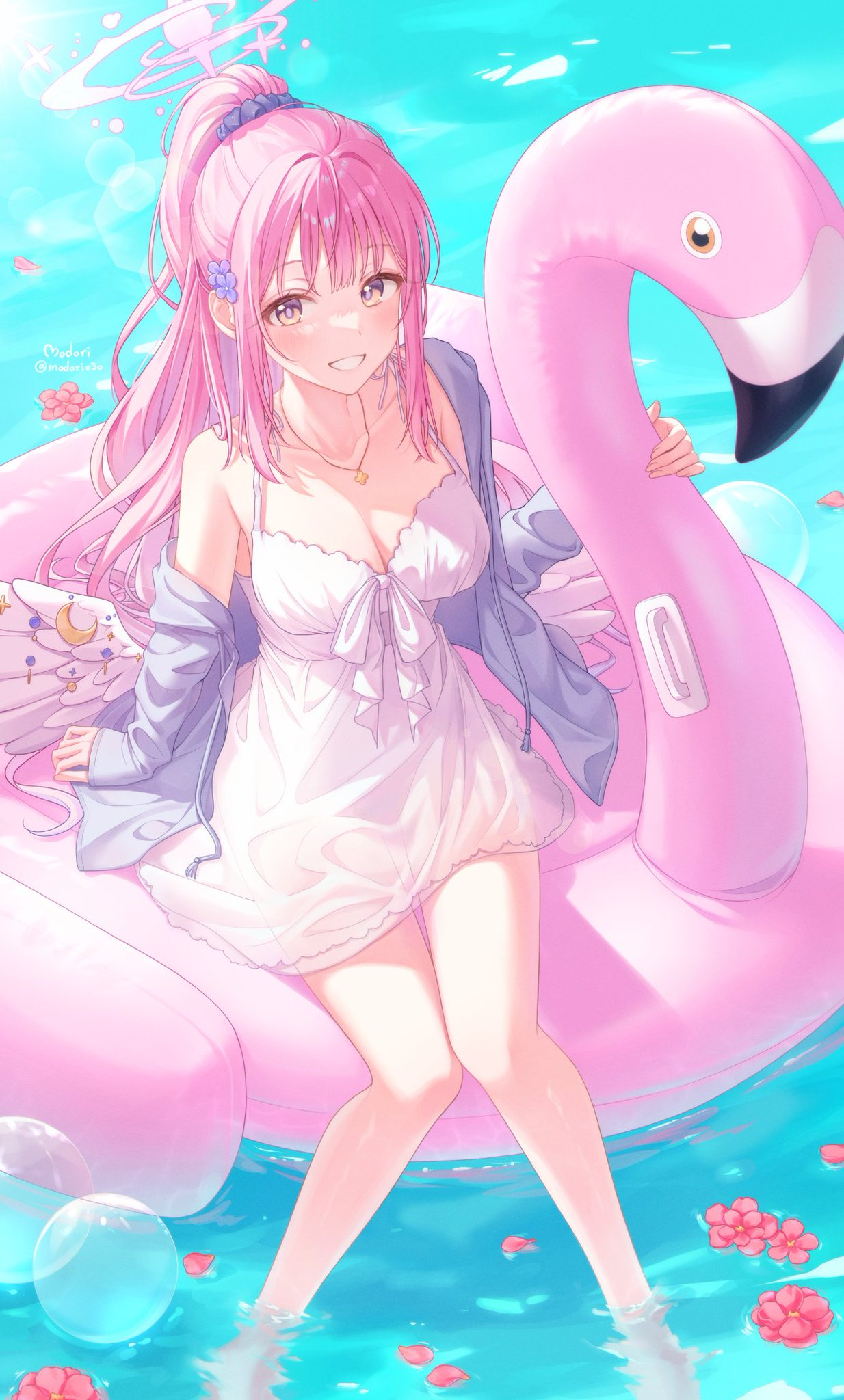 Anime 1234x2048 anime girls Blue Archive Misono Mika floater pink hair yellow eyes ponytail looking at viewer water petals flowers cleavage necklace sunlight portrait display long hair wings watermarked signature bubbles flamingos