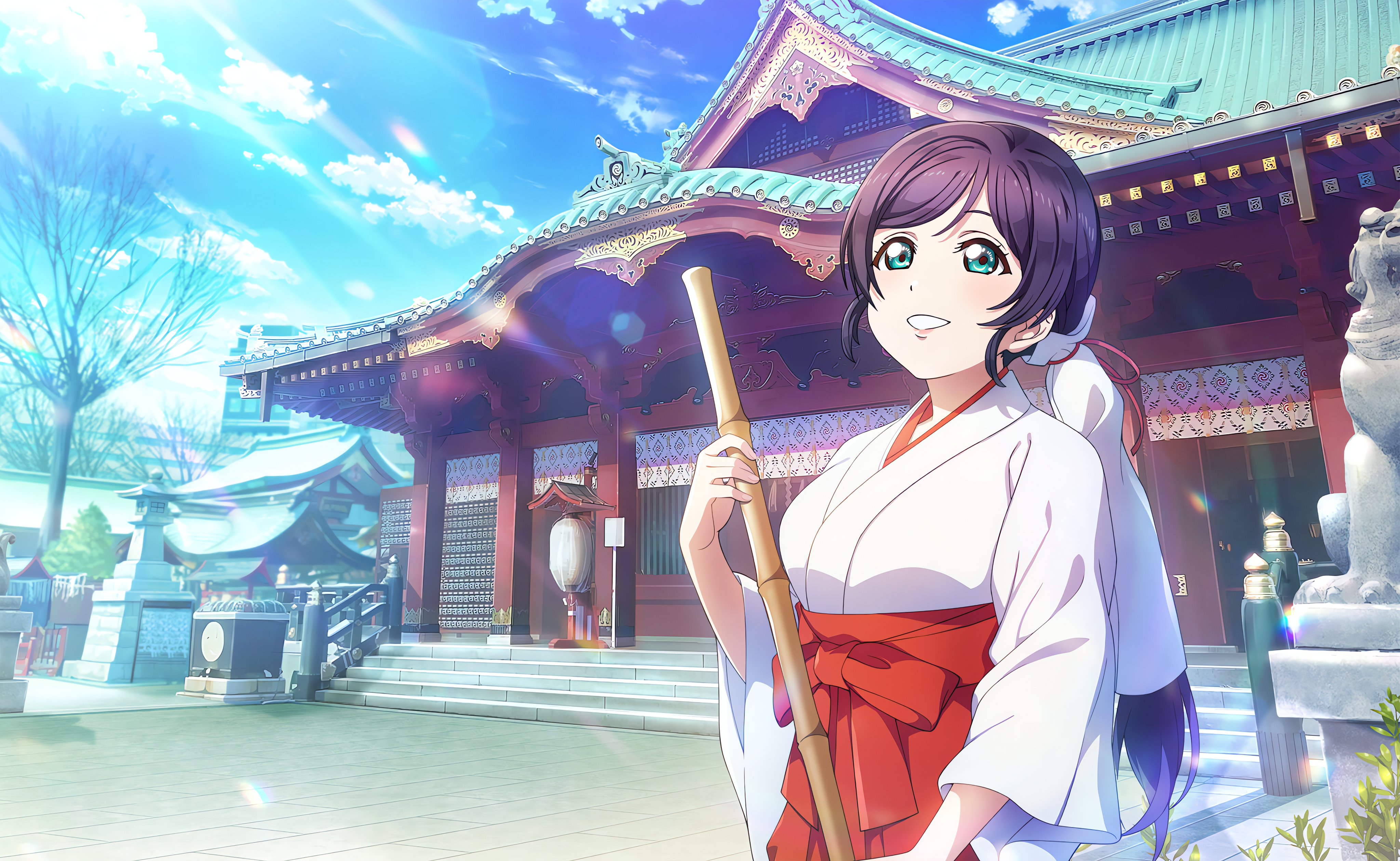 Anime 4096x2520 Toujou Nozomi Love Live! anime anime girls sunlight sky clouds looking away long hair kimono temple stairs trees statue smiling leaves building