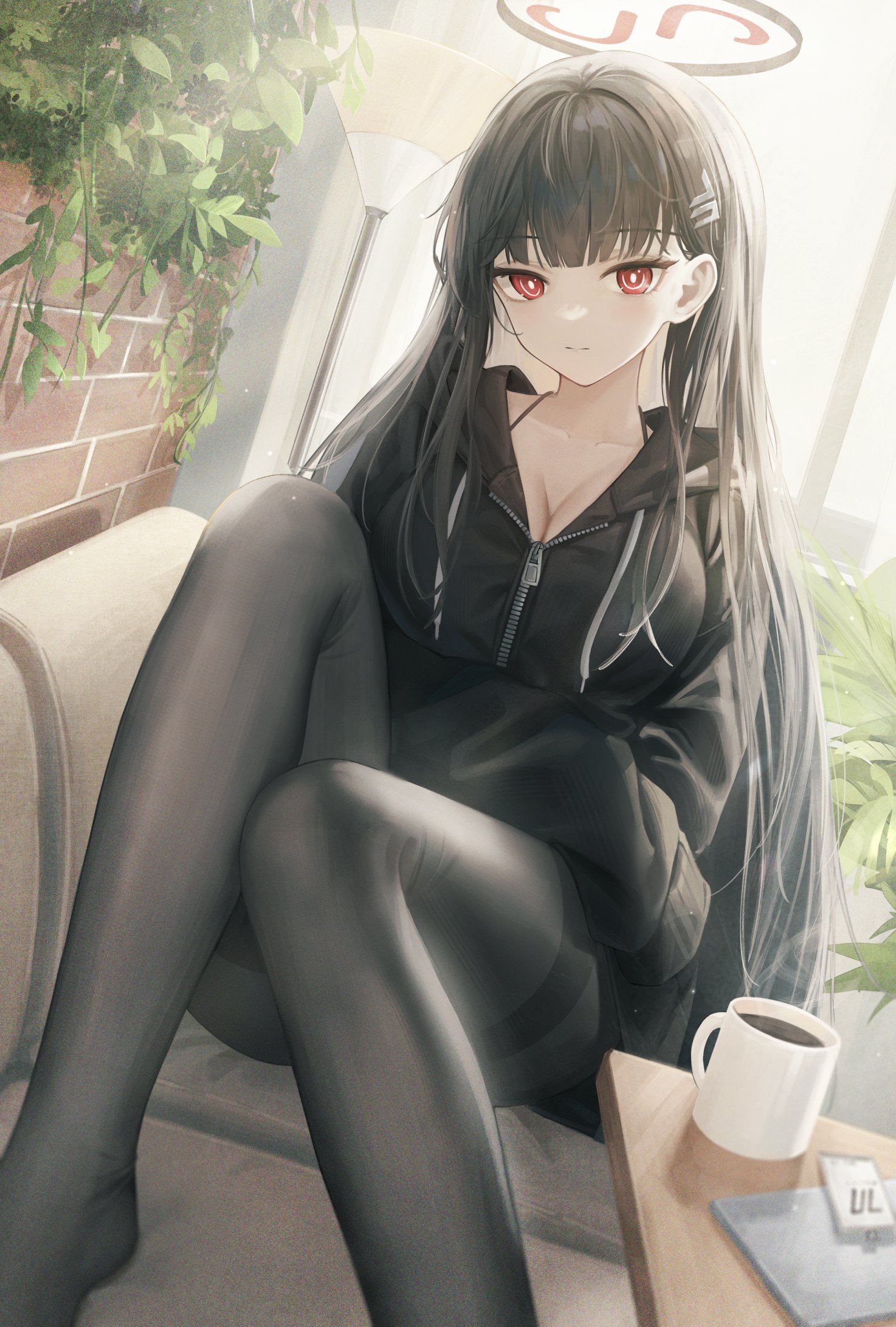 Anime 1474x2183 Blue Archive pantyhose anime girls portrait display Tsukatsuki Rio black hair black pantyhose hoods black hoodie cleavage big boobs long hair coffee cup red eyes Flippy blunt bangs sitting closed mouth mug alternate costume hair clip women indoors thighs table plants coffee zipper couch
