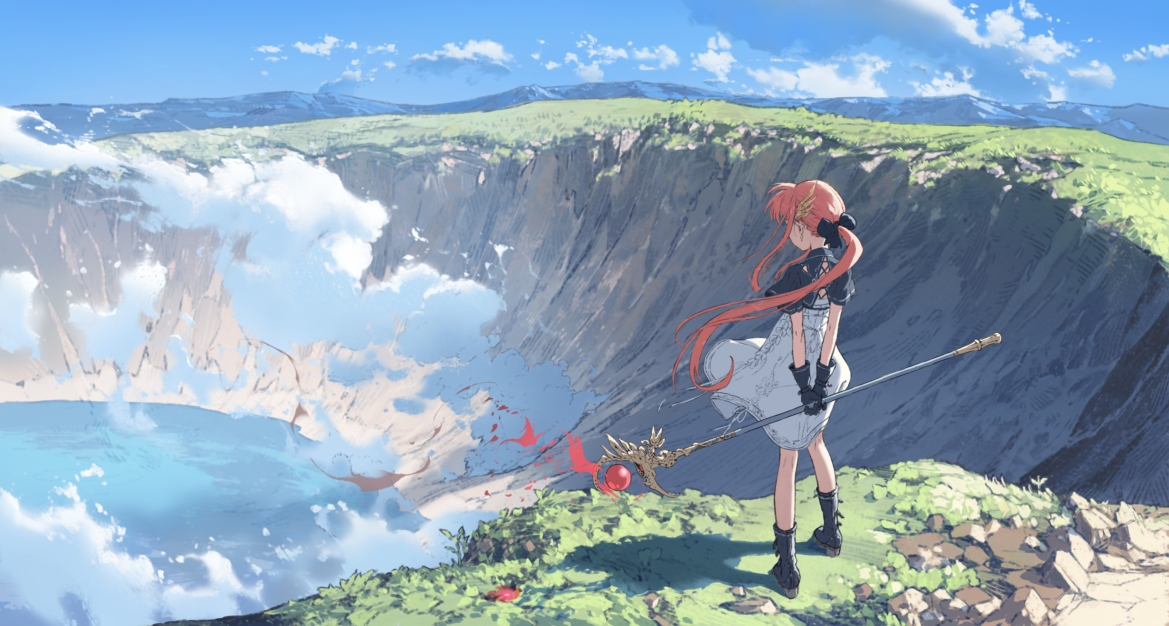 Anime 3733x2000 long hair staff redhead anime girls sorceress dress boots crater Hirooka Masaki windy clouds sky cliff