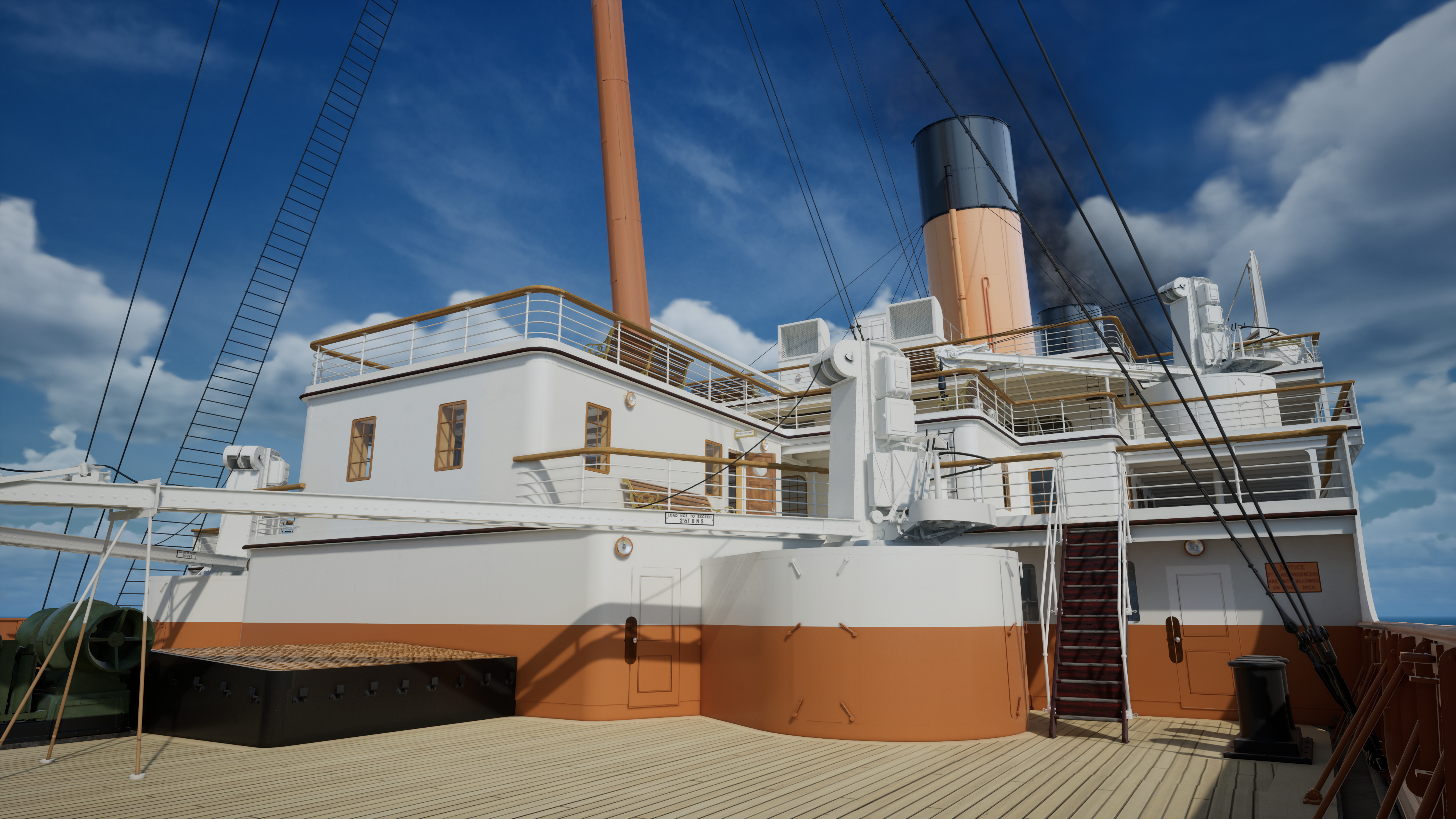 General 3840x2160 Nvidia RTX Titanic CGI digital art ship sky clouds stairs smoke