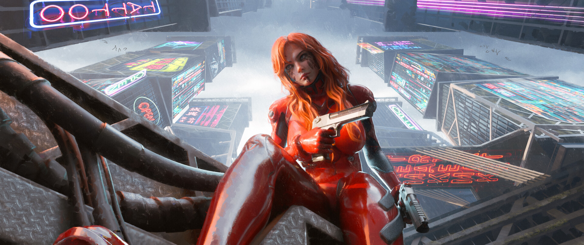 General 1920x806 hiếu hà (artist) artwork ArtStation cyberpunk futuristic girls with guns gun ultrawide fan art redhead futuristic city building Asuka Langley Soryu Neon Genesis Evangelion