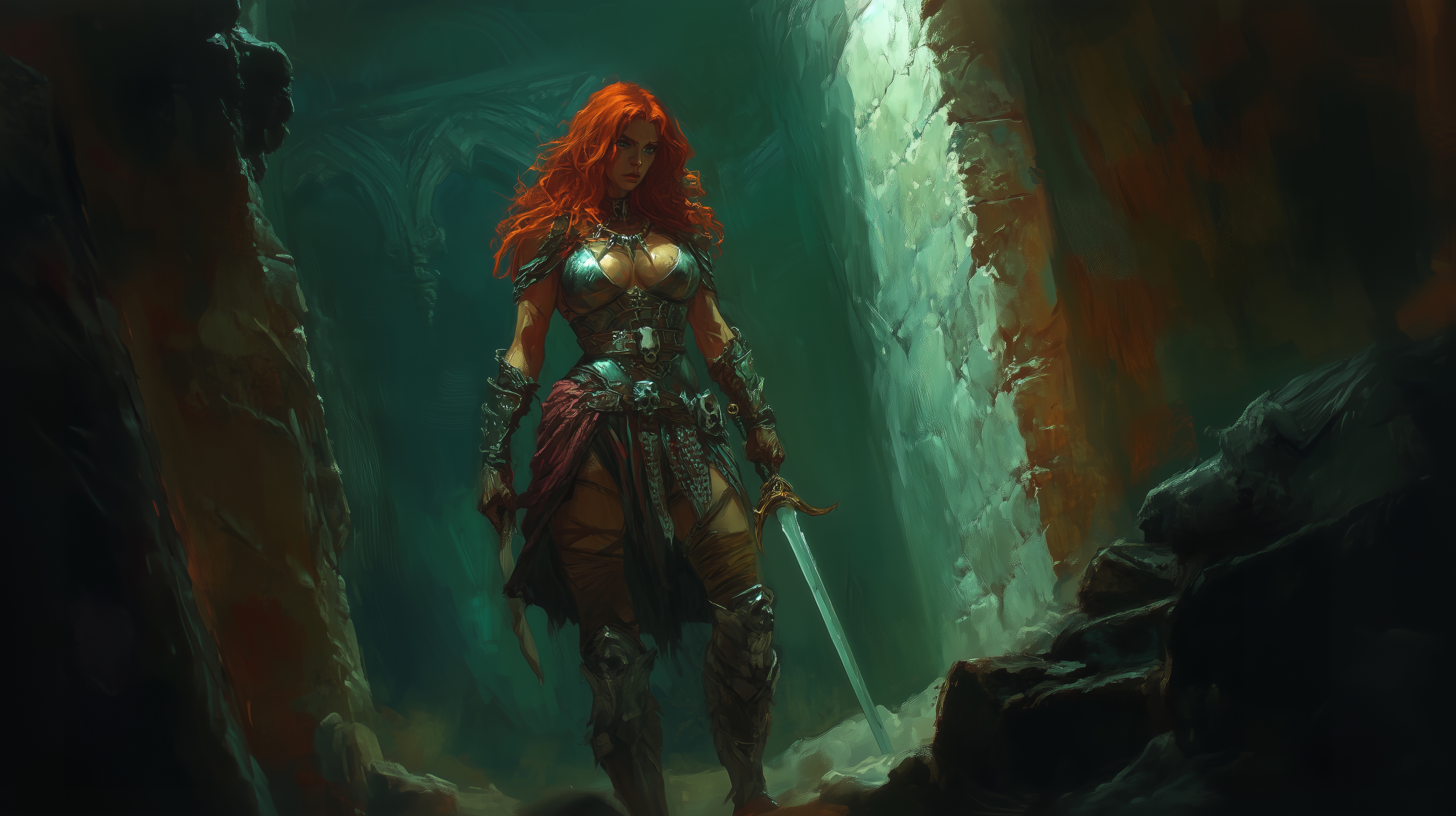 General 5824x3264 AI art Red Sonja dungeon redhead warrior sword