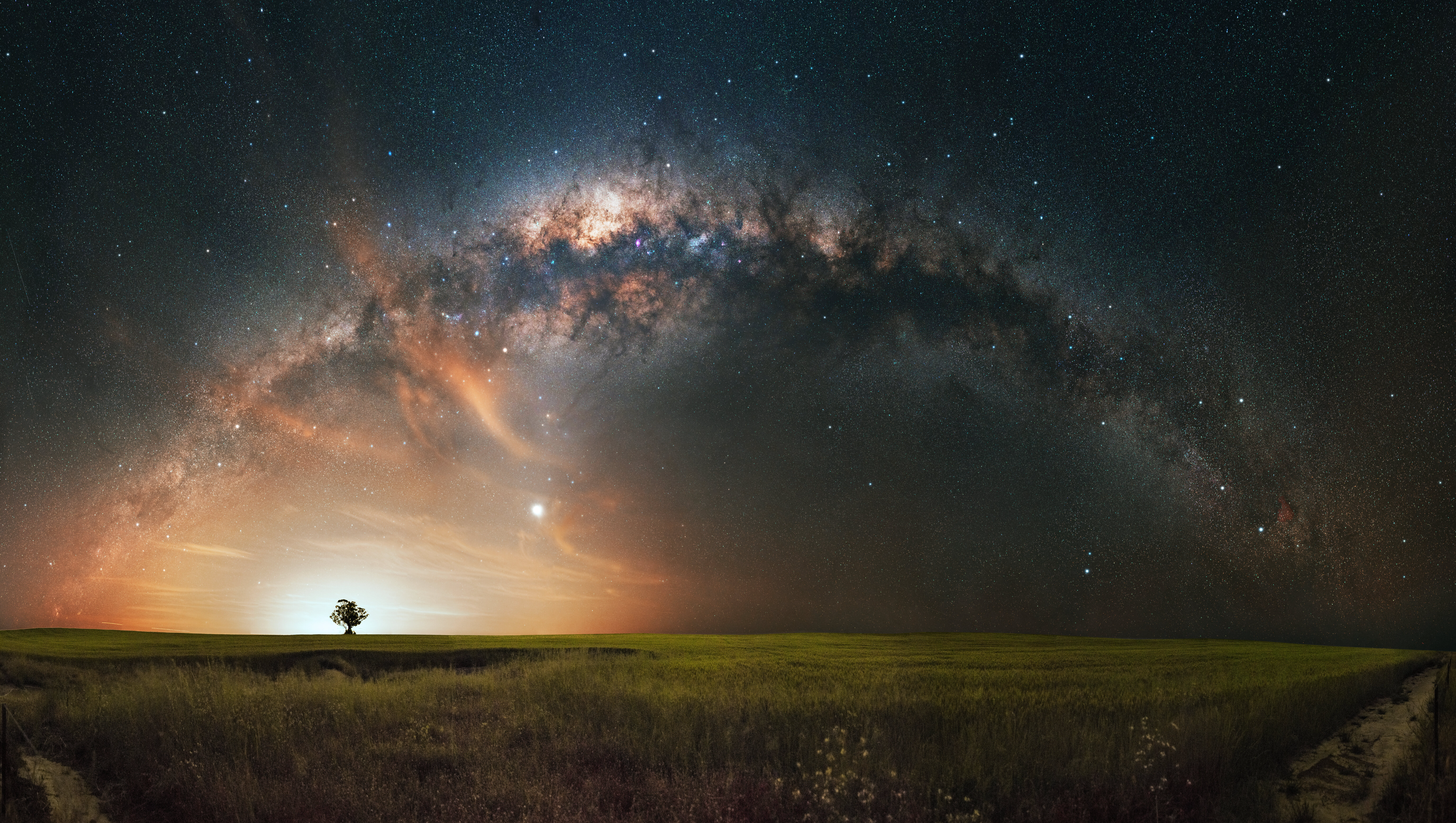 General 4000x2260 nature landscape sky trees grass field night stars Milky Way space long exposure Australia