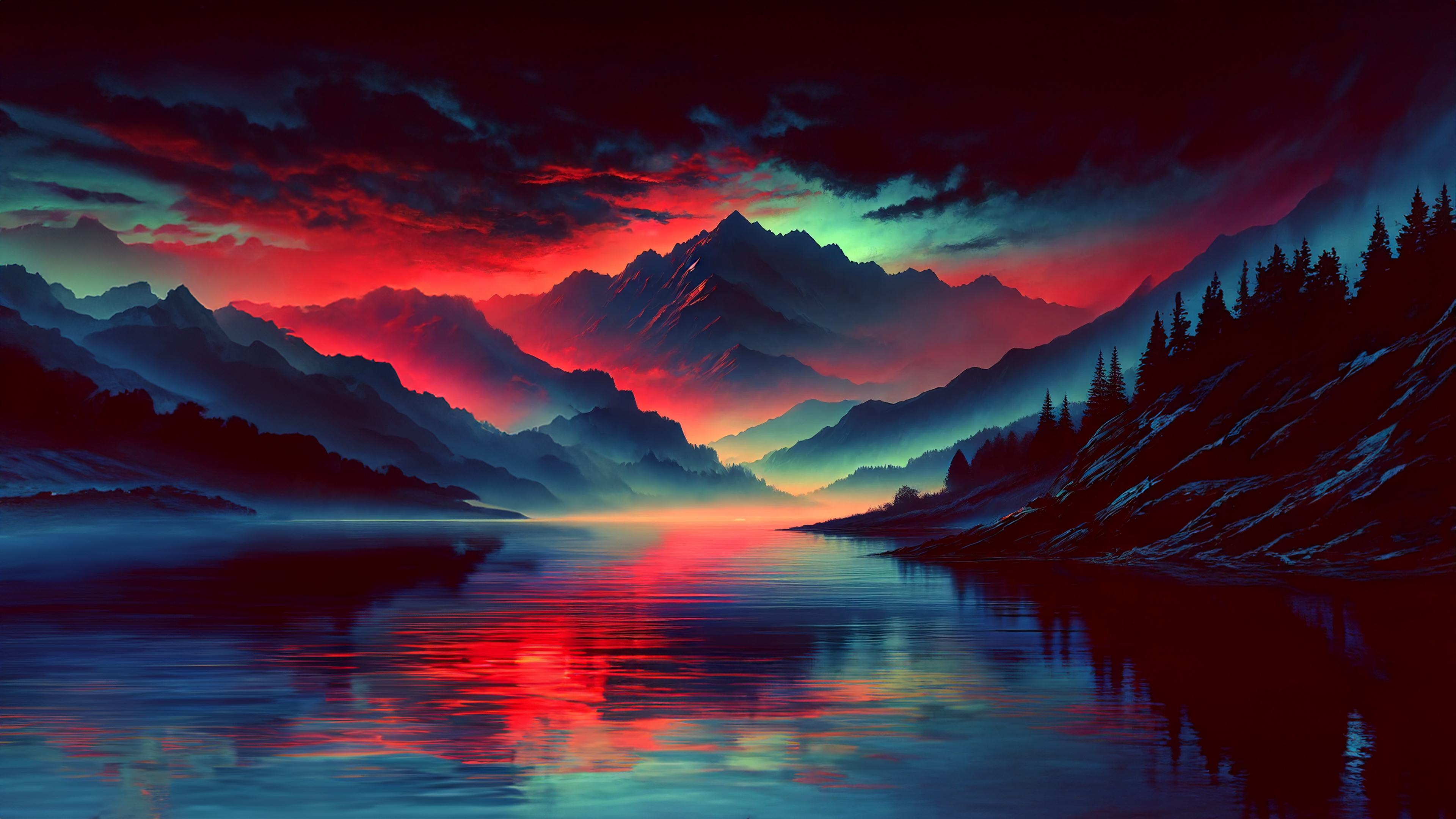 General 3840x2160 sunset nature lake mountains red AI art