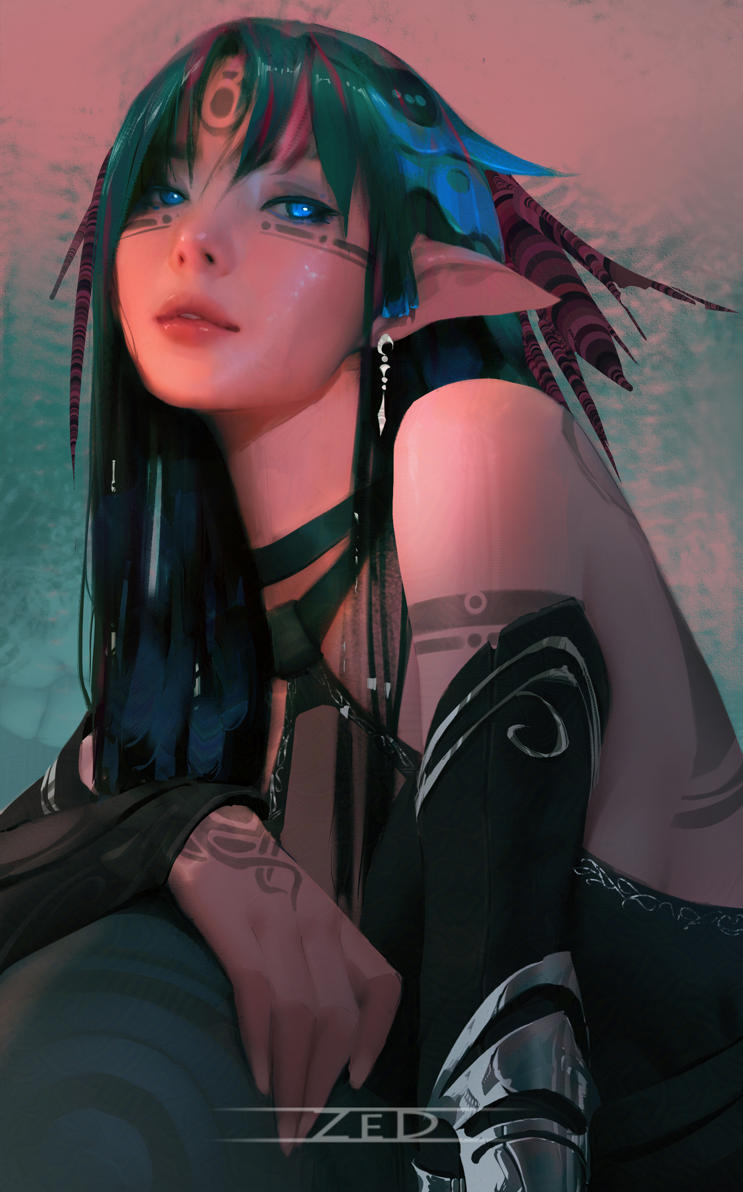 General 2500x4008 Trungbui drawing women green hair blue eyes body paint looking at viewer long hair parted lips signature portrait display elves pointy ears earring choker simple background fantasy girl fantasy art