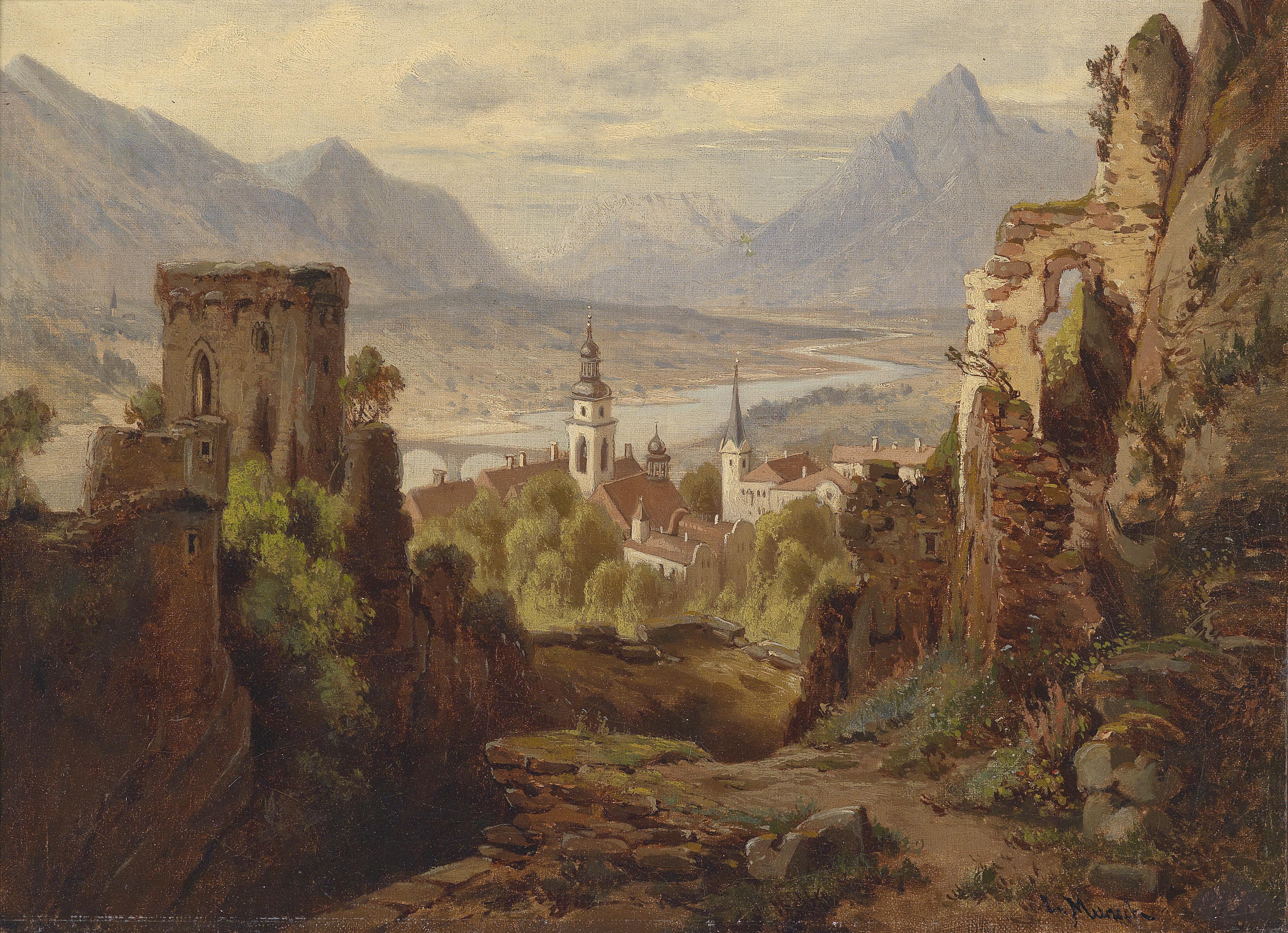 General 3943x2856 Leopold Munsch landscape city medieval church lake mountains painting ruins Austria