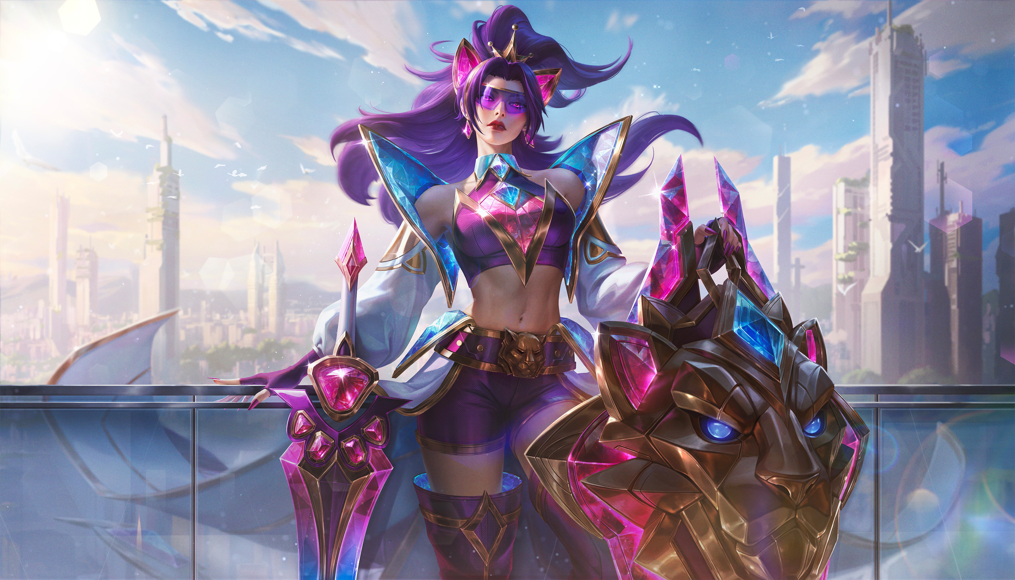 General 3350x1914 Ina Wong drawing Leona (League of Legends) crystal  shield pink