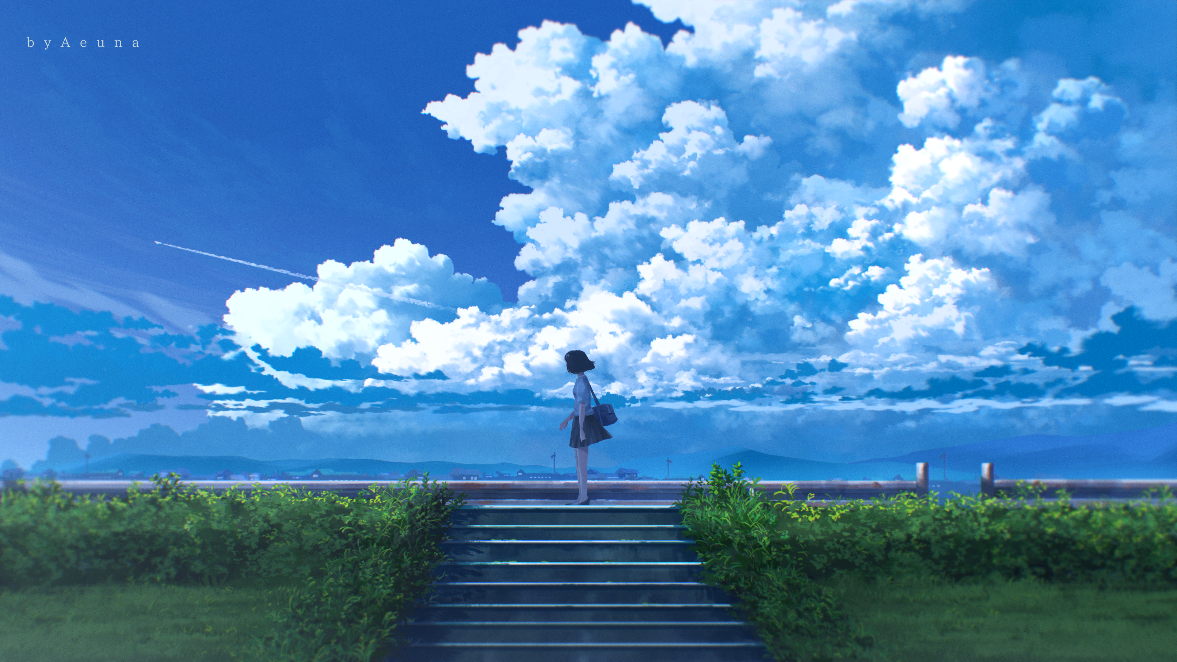 Anime 3840x2160 artwork digital art illustration anime anime girls sky clouds airplane grass stairs skirt short hair hair blowing in the wind watermarked Aeuna