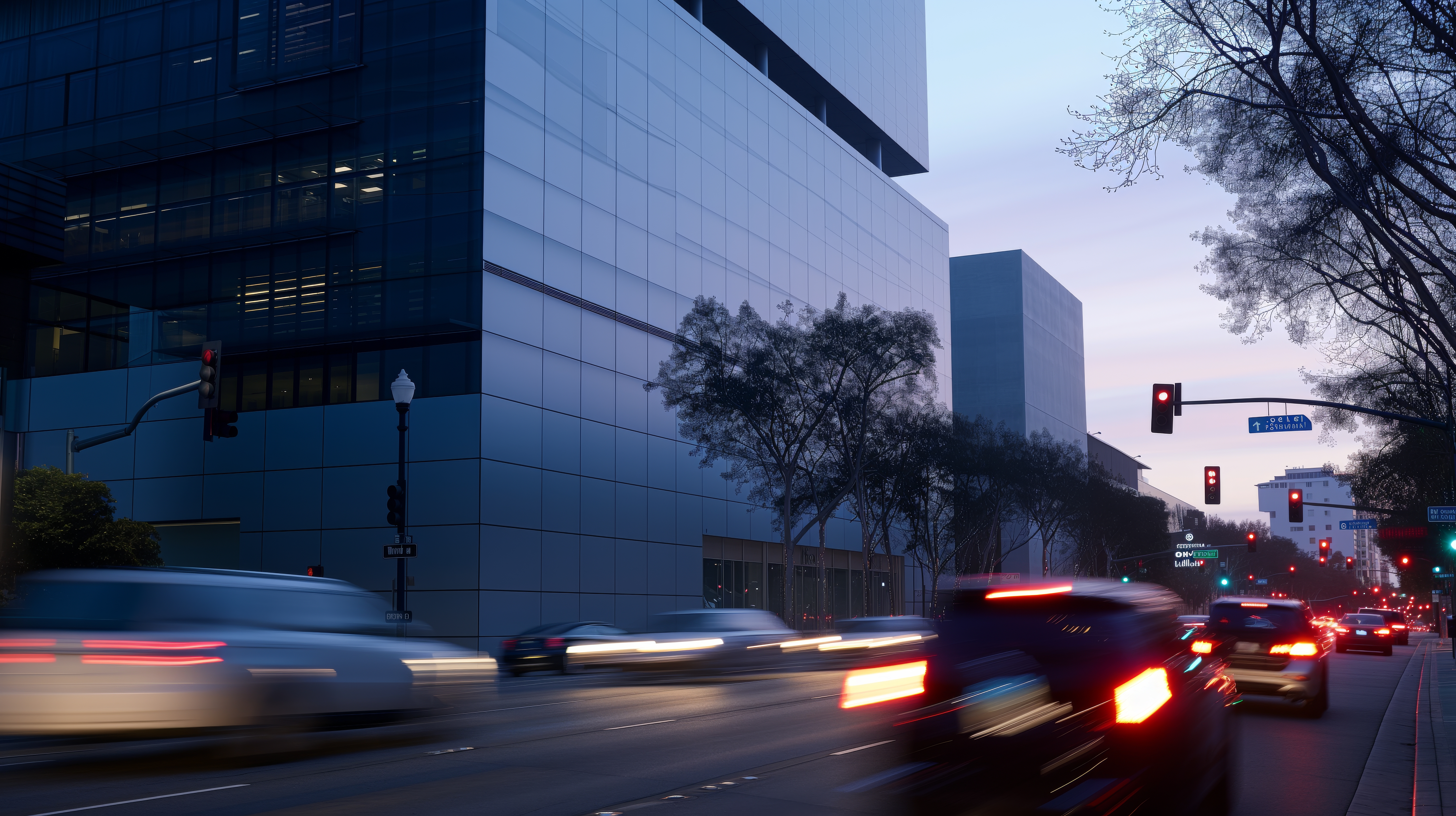 General 5824x3264 AI art Blue hour road car taillights vehicle motion blur blurred traffic lights rear view building trees