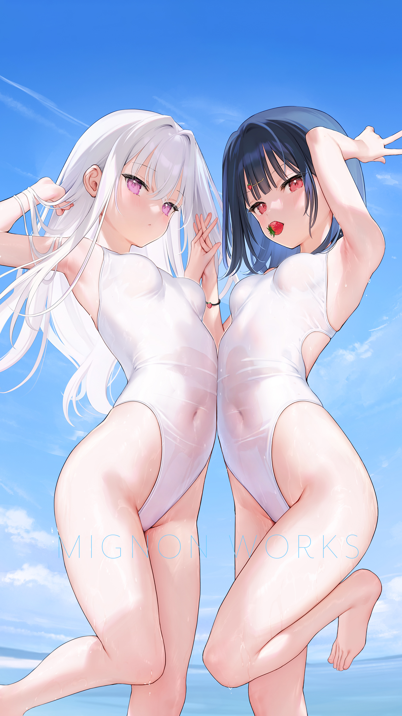 Anime 1350x2400 Mignon (artist) two women portrait display swimwear Ichigo (Mignon) barefoot Shiro-chan (Mignon) feet one-piece swimsuit clouds beach women outdoors looking at viewer fruit strawberries wet body one arm up peace sign holding hands hair clip fingers interlaced water hand(s) in hair horizon wet swimsuit white hair purple hair dark blue hair standing on one leg food red eyes leg up sea armpits wet sky Shiro (Mignon) bracelets anime hair between eyes anime girls