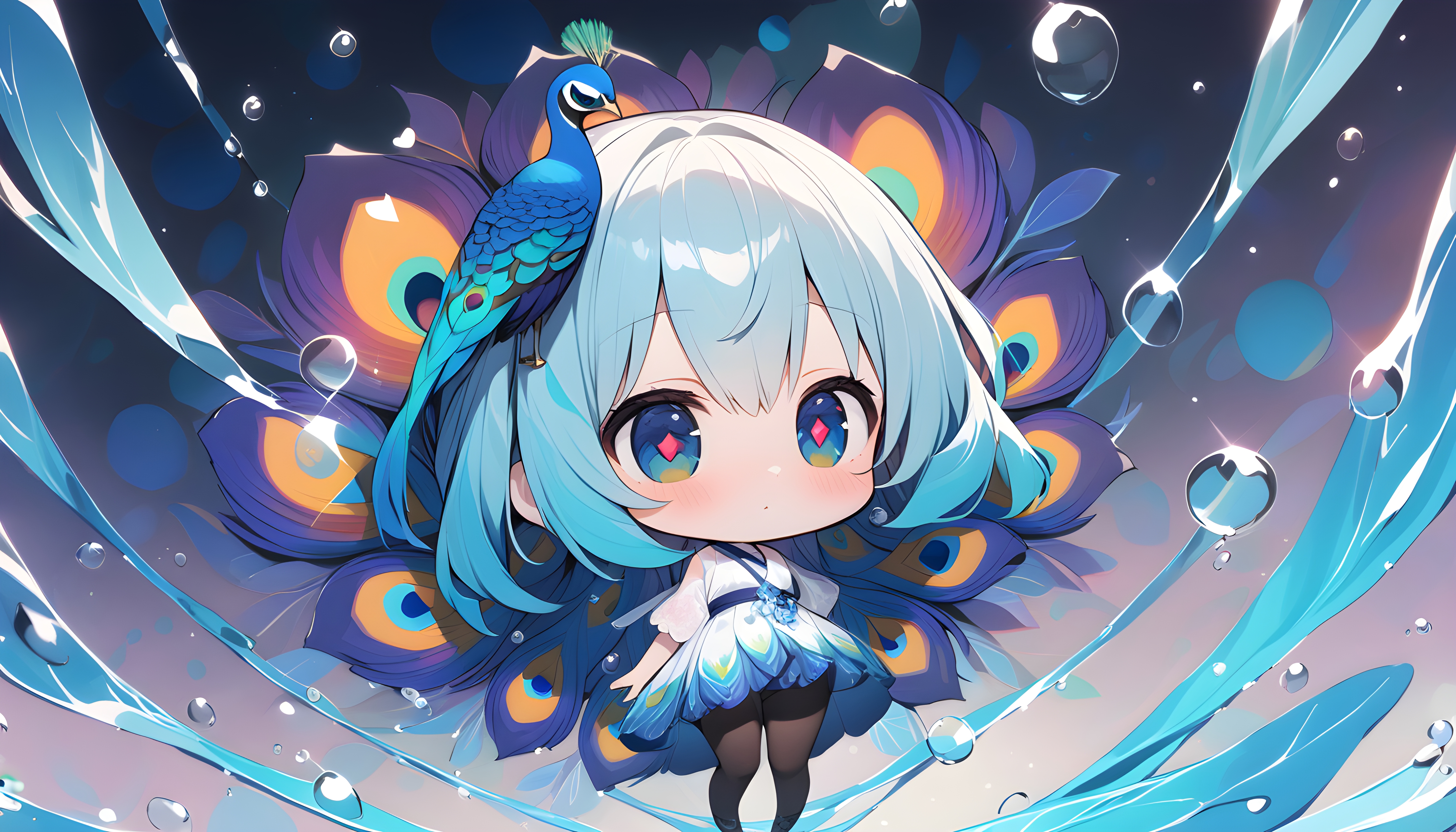Anime 5376x3072 AI art anime girls chibi peacock feathers unusual pupils short hair hair between eyes blushing closed mouth animals peacocks looking at viewer symbol-shaped pupils water water drops sparkles blue hair dress