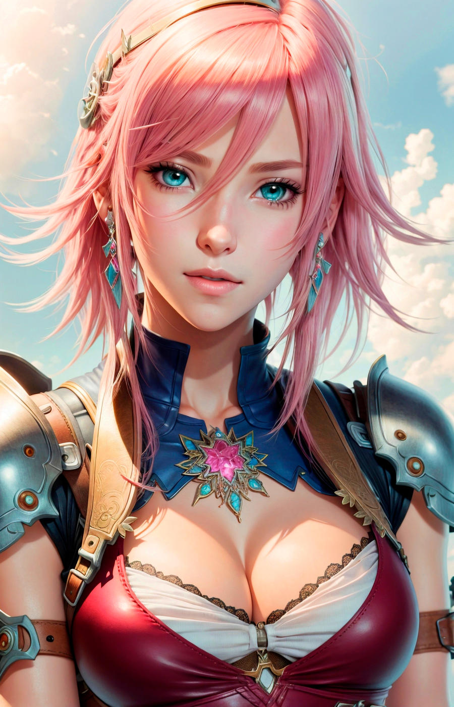 General 900x1400 Stable Diffusion AI art women Claire Farron pink hair blue eyes cleavage portrait display looking at viewer short hair parted lips sunlight collarbone clouds sky hair between eyes earring natural light women outdoors