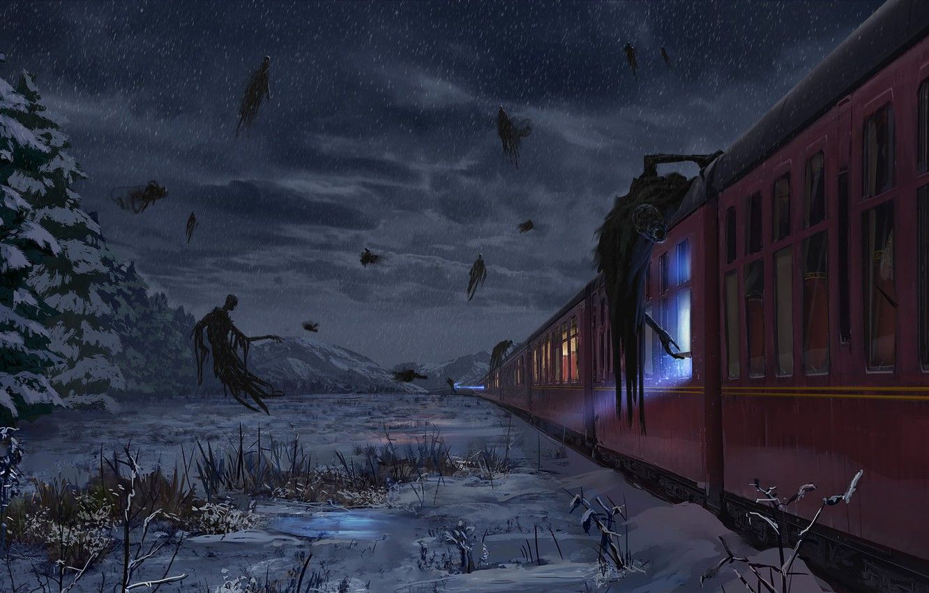 General 1332x850 hogwarts express Dementors (Harry Potter) train snow snowing Josh Hutchinson night digital art stars sky landscape snow covered creature low light