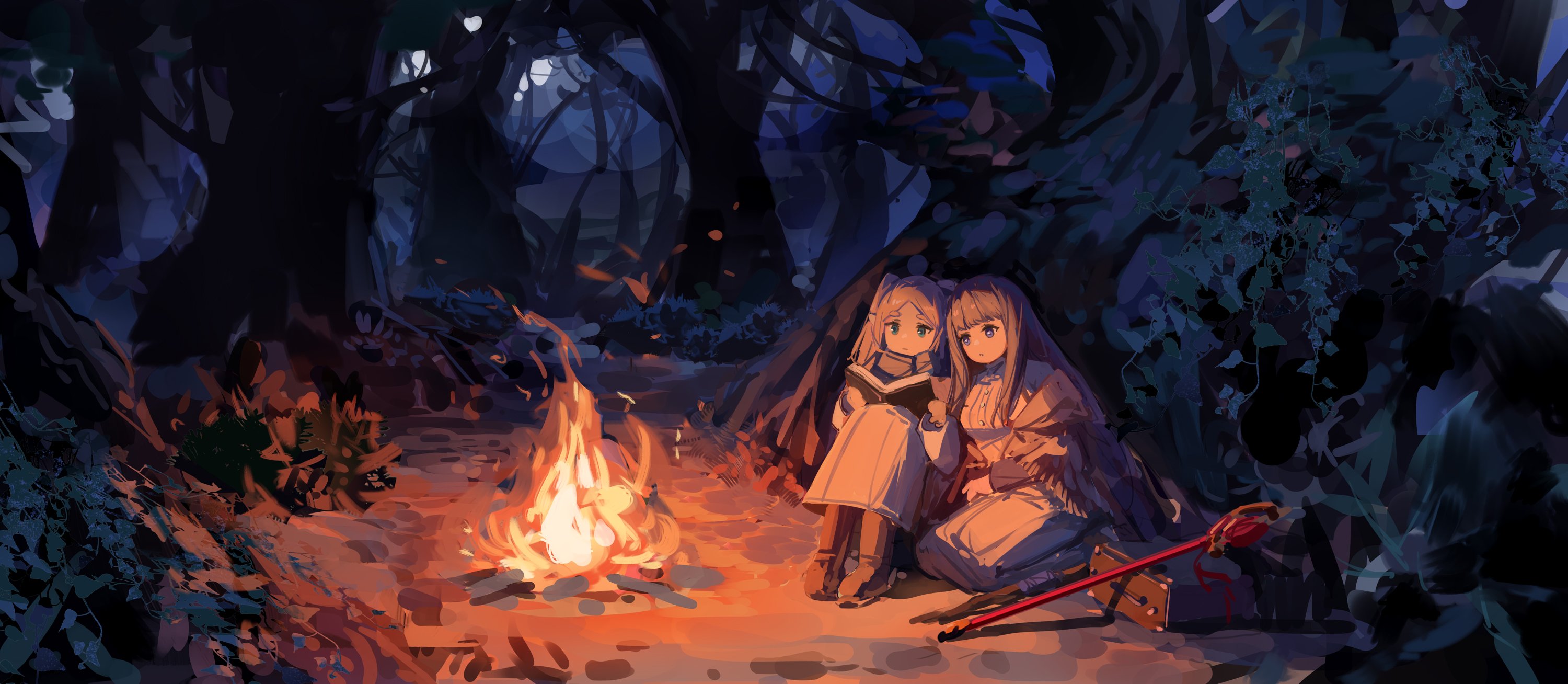 Anime 3000x1308 anime anime girls Sousou No Frieren Fern (Sousou No Frieren) Frieren MEInoss campfire two women women outdoors sitting nature trees fire book in hand reading staff books luggage long hair pointy ears closed mouth