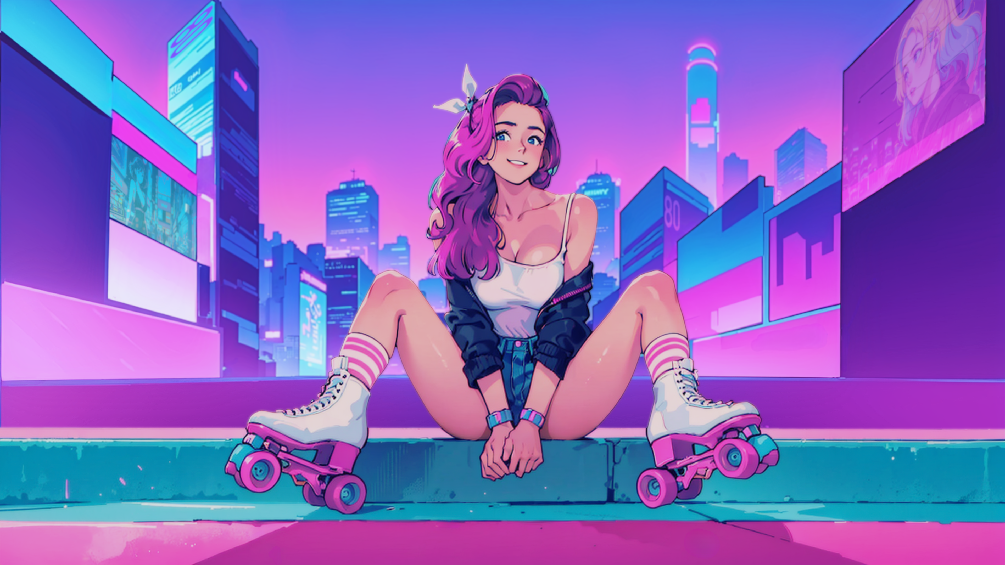 Anime 3840x2160 anime girls neon AI art spread legs synthwave smiling hair ribbon roller skates parted lips collarbone long hair looking at viewer bent legs striped socks socks building city bare shoulders jean shorts off shoulder open jacket jacket