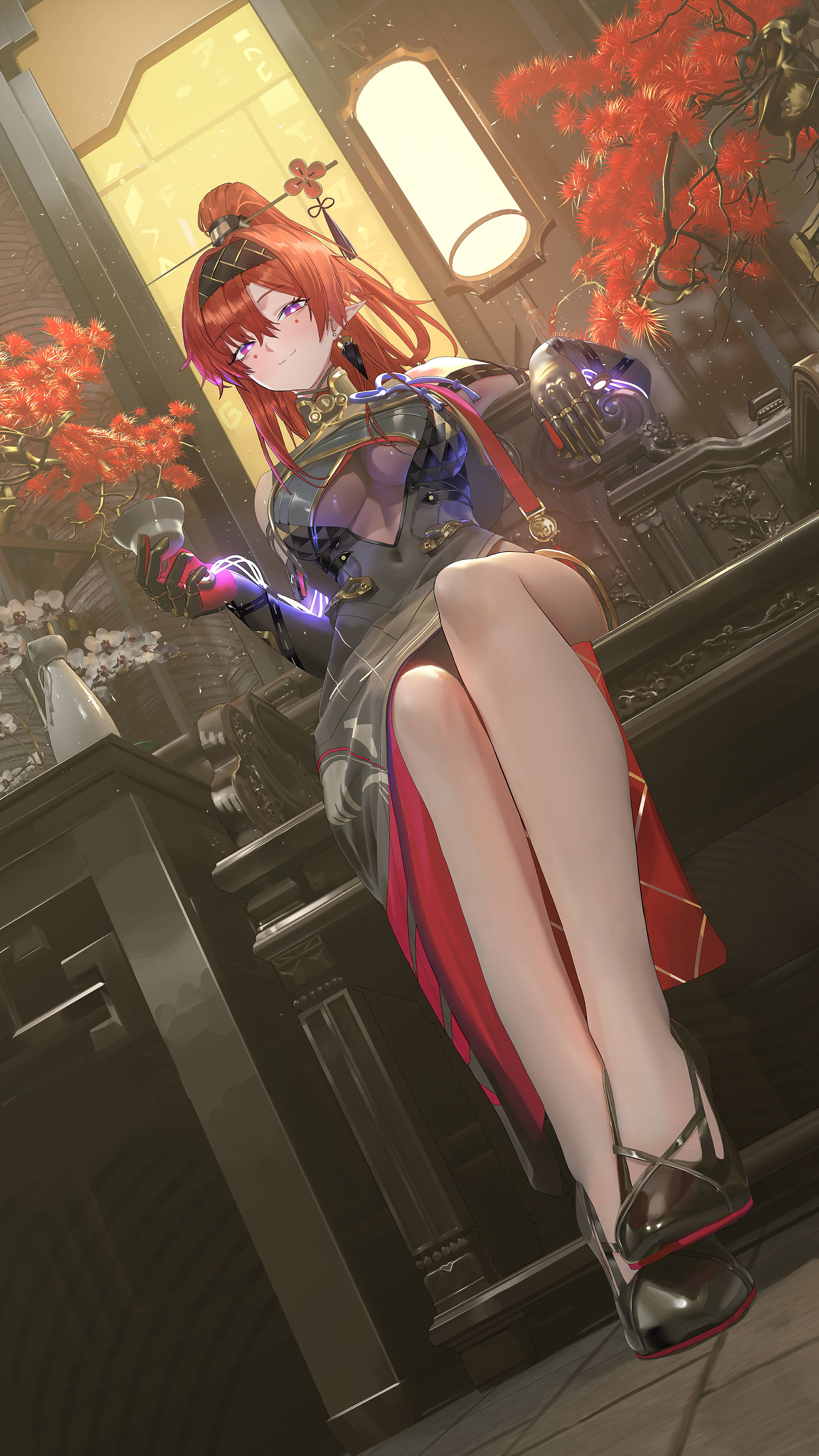 Anime 2000x3556 anime girls purple eyes Yinlin (Wuthering Waves) Wuthering Waves legs portrait display redhead hair between eyes smiling pointy ears closed mouth looking at viewer sitting bare shoulders flowers hair ornament tassels earring cup drink